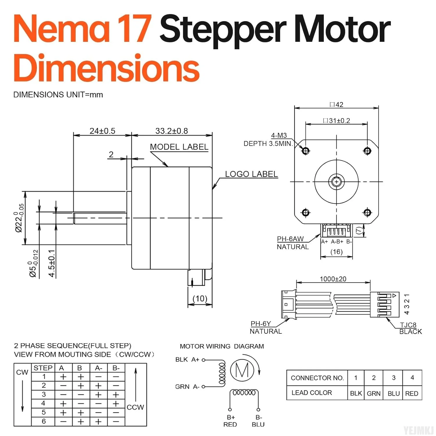 موتور پله ای Nema 17، 3 عددی، 2 فاز، 1.8 درجه، 0.29 نیوتن متر (41.07 اونس در اینچ)، گشتاور بالا، دو قطبی 34 میلی متر، 0.4 آمپر، 30 اهم، 4 سیم، شفت 24 میلی متر φ5 میلی متر، کابل موتور پله ای 42، 1 متری برای پرینتر سه بعدی، ربات DIY، دستگاه CNC