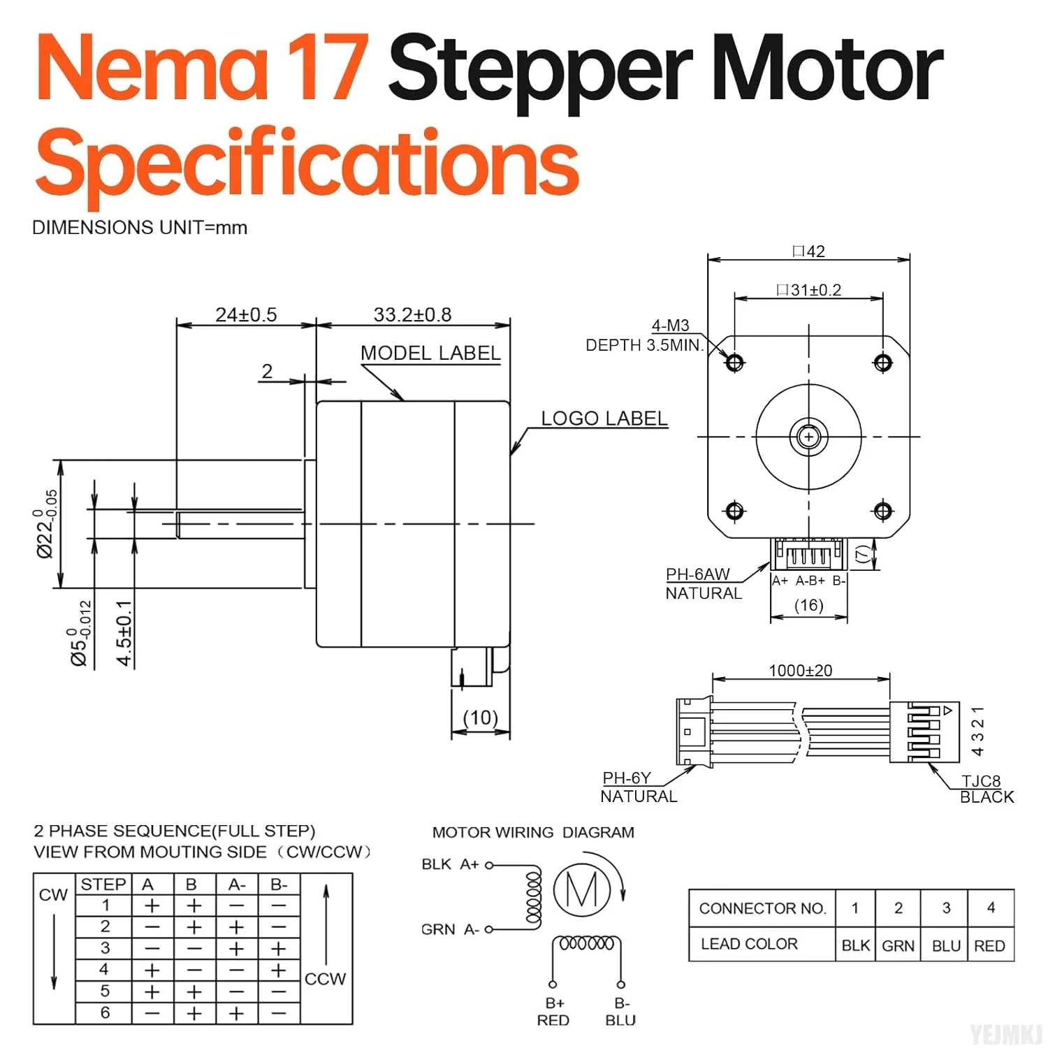 بسته 10 عددی موتور پله ای Nema 17، دو فاز، 1.8 درجه، 0.29 نیوتن متر، گشتاور بالا، دو قطبی، 34 میلی متر، 30 اهم، 0.4 آمپر، 4 سیم، شفت 24 میلی متر φ5 میلی متر، کابل 1 متری موتور پله ای 42 برای پرینتر سه بعدی، ربات DIY و دستگاه CNC