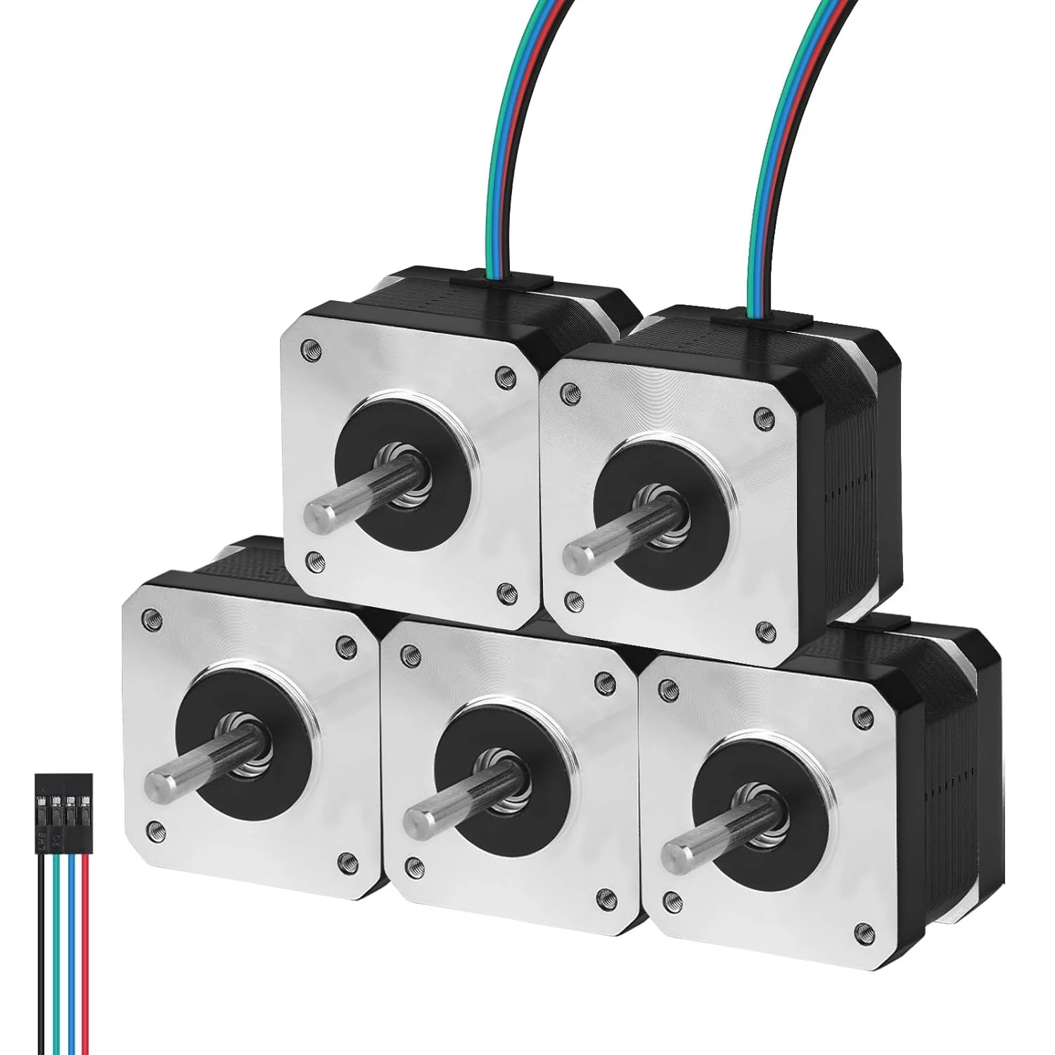 موتور پله ای Nema 17، 1.8 درجه، 2 فاز، گشتاور بالا 0.29 نیوتن متر (41.07 اونس در اینچ)، دو قطبی 42x33 میلی متر، 0.4 آمپر، 30 اهم، 4 سیم، شفت 24 میلی متر φ5 میلی متر، کابل موتور پله ای 42، 1 متری برای پرینتر سه بعدی، ربات DIY، دستگاه CNC، بسته 5 عددی