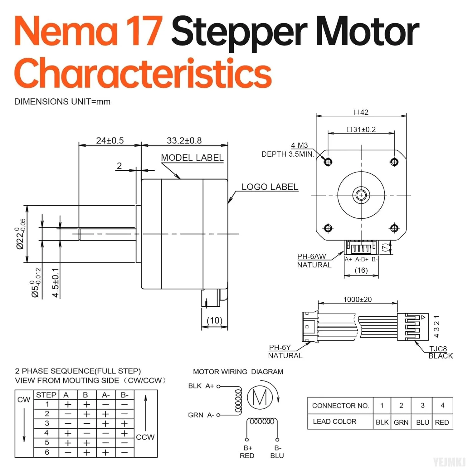 موتور پله ای Nema 17، 1.8 درجه، 2 فاز، گشتاور بالا 0.29 نیوتن متر، دو قطبی 42x34 میلی متر، 0.4 آمپر، 30 اهم، 4 سیم، شفت 24 میلی متر φ5 میلی متر، کابل موتور پله ای 42، 1 متری، بسته 5 عددی، برای پرینتر سه بعدی، ربات DIY، دستگاه CNC