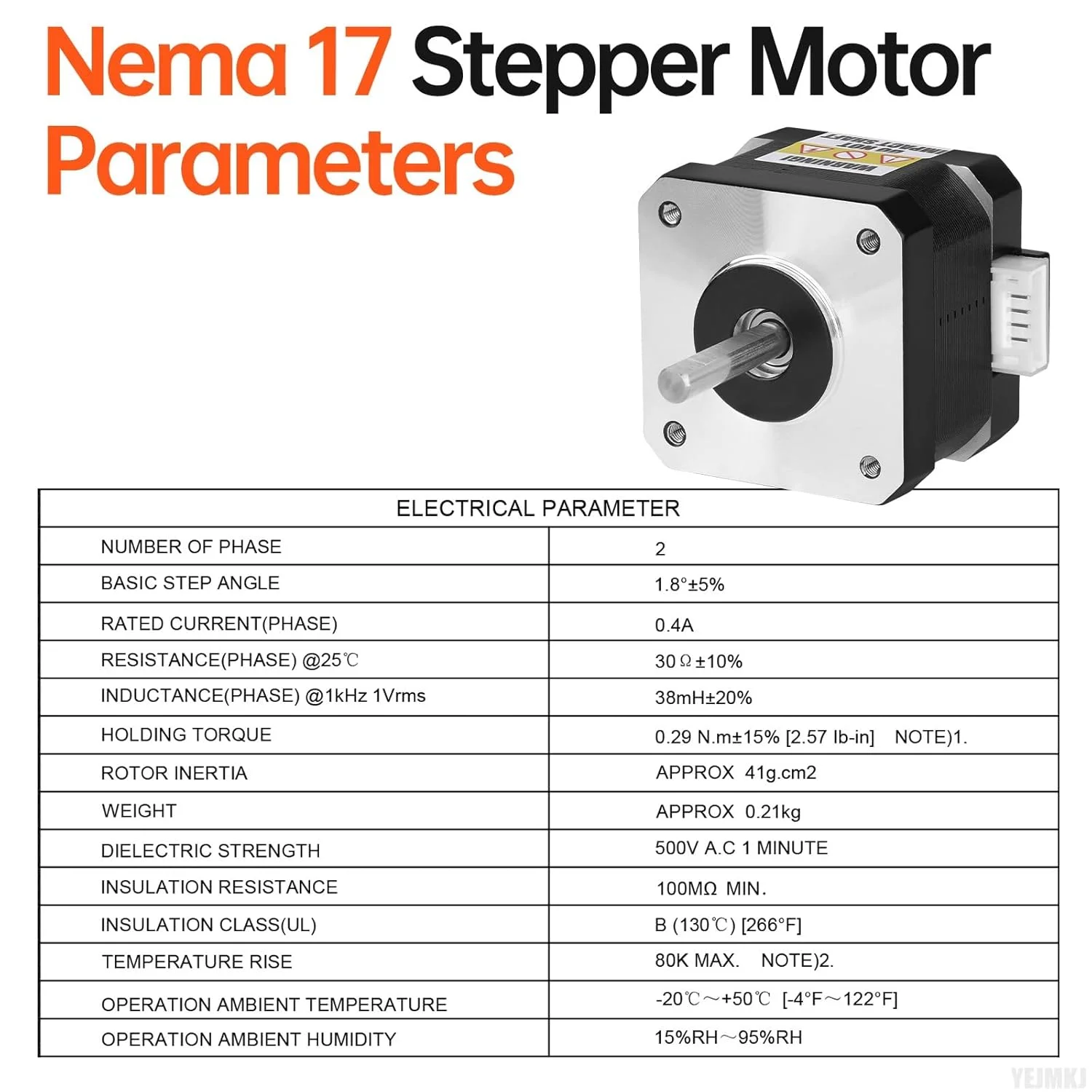 موتور پله ای Nema 17، 1.8 درجه، 2 فاز، گشتاور بالا 0.29 نیوتن متر، دو قطبی 42x34 میلی متر، 0.4 آمپر، 30 اهم، 4 سیم، شفت 24 میلی متر φ5 میلی متر، کابل موتور پله ای 42، 1 متری، بسته 5 عددی، برای پرینتر سه بعدی، ربات DIY، دستگاه CNC