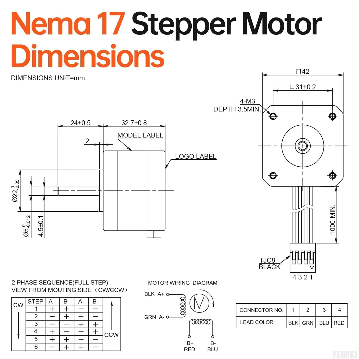 موتور پله‌ای Nema 17، 3 عددی، 2 فاز، 1.8 درجه، 0.29 نیوتن‌متر (41.07 اونس-اینچ)، گشتاور بالا، دو قطبی 33 میلی‌متر، 0.4 آمپر، 30 اهم، 4 سیم، شفت 24 میلی‌متر φ5 میلی‌متر، کابل موتور پله‌ای 42، 1 متری برای پرینتر سه بعدی، ربات DIY، ماشین CNC