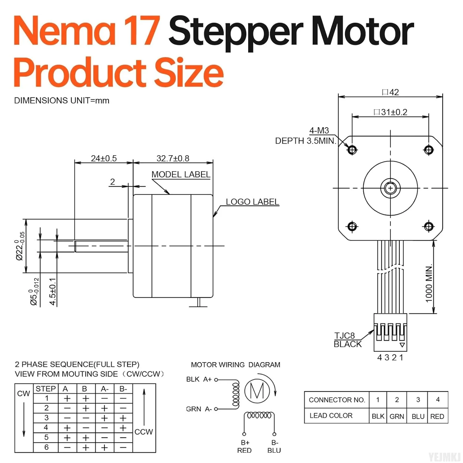 موتور پله‌ای Nema 17، دو فاز، ۱.۸ درجه، ۰.۲۹ نیوتن‌متر، گشتاور بالا، دوقطبی، ۳۳ میلی‌متر، ۳۰ اهم، ۰.۴ آمپر، ۴ سیم، شفت ۲۴ میلی‌متر φ۵ میلی‌متر، کابل موتور پله‌ای ۴۲، ۱ متر برای پرینتر سه بعدی، ربات DIY، دستگاه CNC