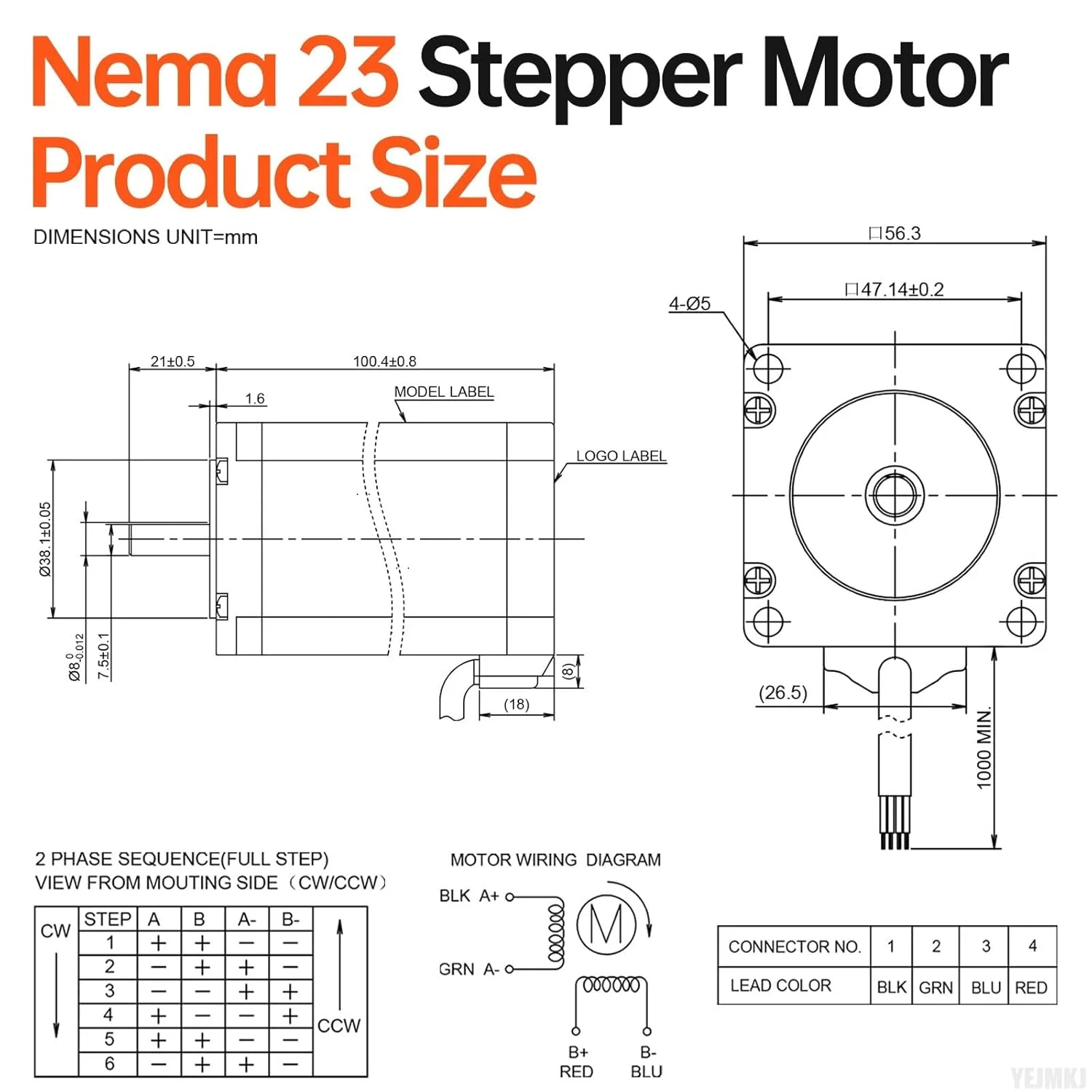 موتور پله ای Nema 23، 1.8 درجه، 2 فاز، گشتاور بالا 3Nm (424.84oz·in)، دو قطبی 57x101mm، 4.2A، 0.8Ω، 4 سیم، شفت 21mm φ8mm، کابل موتور پله ای 57 به طول 1 متر برای دستگاه CNC، تراش، روتر، پرینتر سه بعدی و ربات DIY