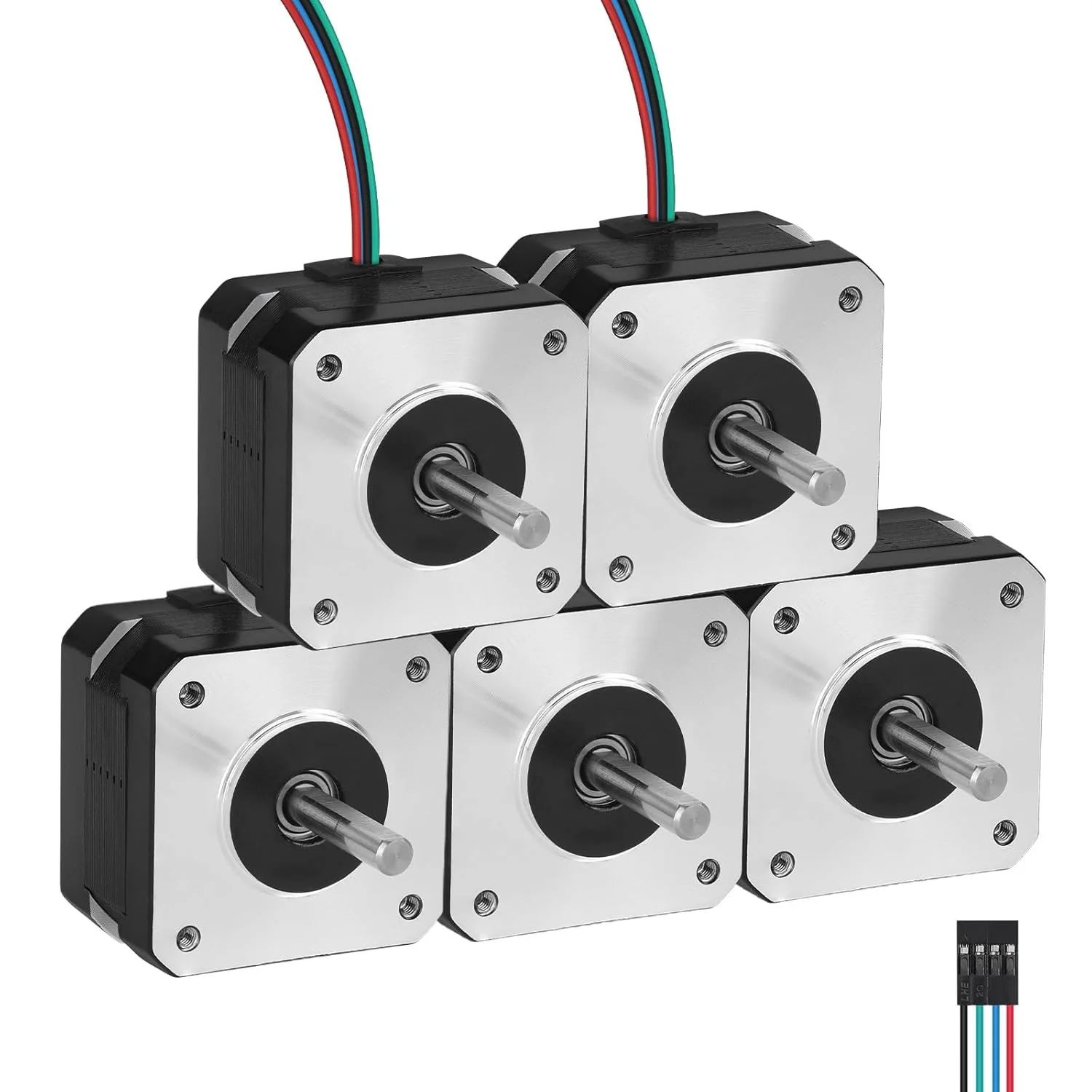 موتور پله ای Nema 17، دو فاز، 1.8 درجه، 0.28 نیوتن متر (39.65 اونس در اینچ)، گشتاور بالا، دو قطبی 28 میلی متر، 1.6 آمپر، 1.6 اهم، 4 سیم، شفت 24 میلی متر، φ5 میلی متر، کابل 1 متری موتور پله ای 42، بسته 5 عددی، برای پرینتر سه بعدی، ربات DIY، دستگاه CNC