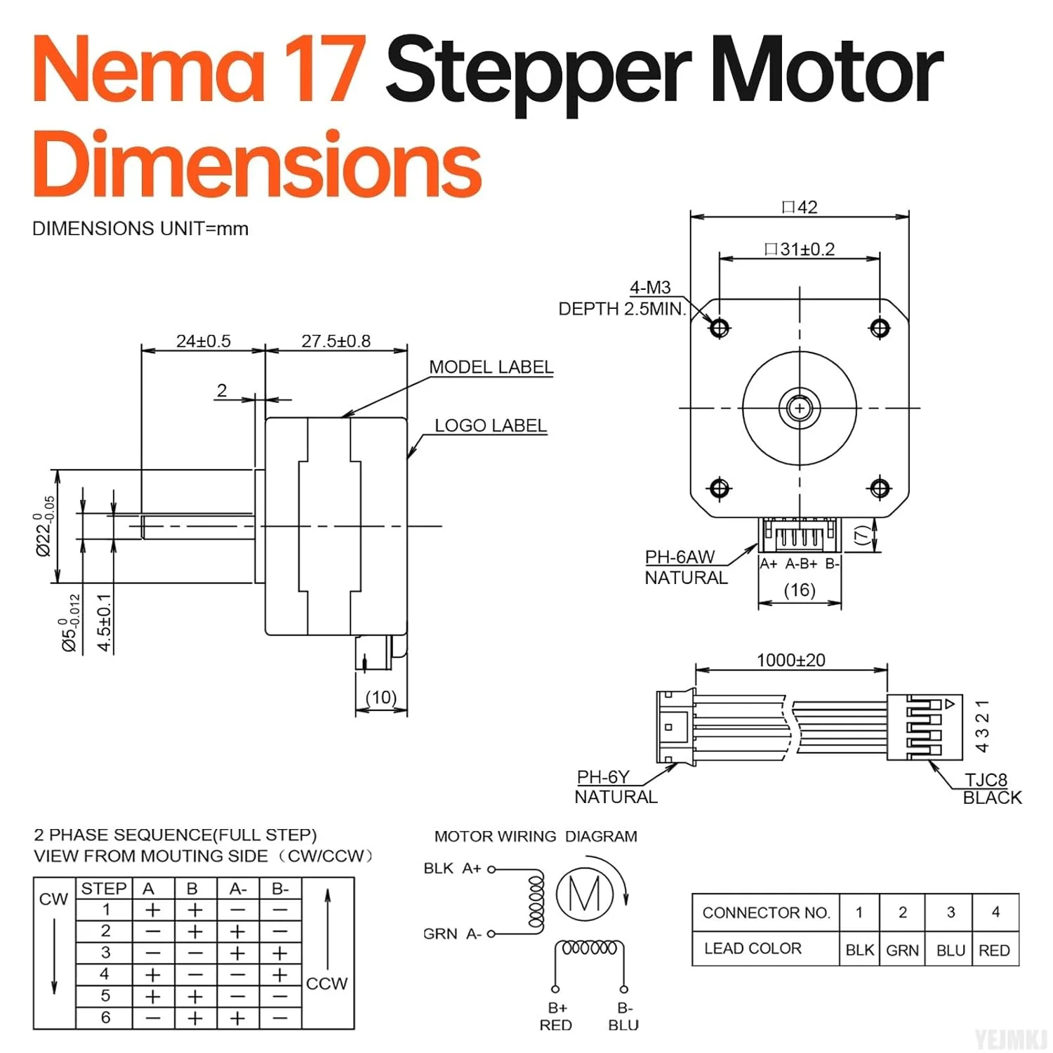 مجموعه 3 عددی موتور پله‌ای Nema 17، دو فاز، 1.8 درجه، 0.28 نیوتن‌متر (39.65 اونس-اینچ)، گشتاور بالا، دو قطبی، 28 میلی‌متر، 1.2 اهم، 1.6 آمپر، 4 سیم، شفت 24 میلی‌متر φ5 میلی‌متر، کابل 1 متری موتور پله‌ای 42 برای پرینتر سه بعدی، ربات DIY، دستگاه CNC