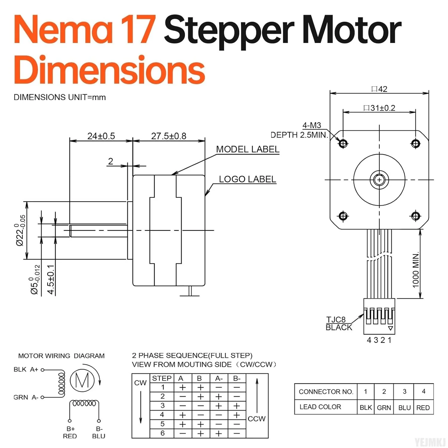 موتور پله ای Nema 17، 2 فاز، 1.8 درجه، 0.28 نیوتن متر (39.65 اونس در اینچ)، گشتاور بالا، دو قطبی 28 میلی متر، 1.6 اهم، 1.6 آمپر، 4 سیم، شفت 24 میلی متر φ5 میلی متر، کابل 1 متری موتور پله ای 42 برای پرینتر سه بعدی، ربات DIY، دستگاه CNC