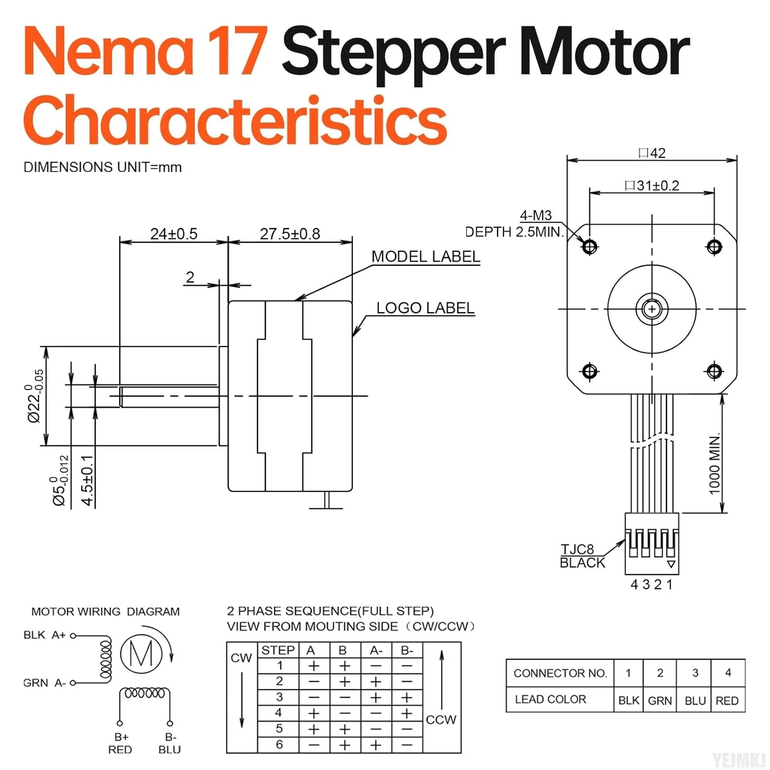 موتور پله ای Nema 17، دو فاز، 1.8 درجه، 0.28 نیوتن متر (39.65 اونس در اینچ)، گشتاور بالا، دو قطبی 28 میلی متر، 1.6 آمپر، 1.6 اهم، 4 سیم، شفت 24 میلی متر، φ5 میلی متر، کابل 1 متری موتور پله ای 42، بسته 5 عددی، برای پرینتر سه بعدی، ربات DIY، دستگاه CNC