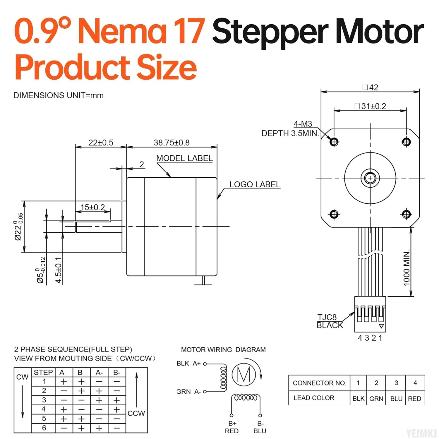 موتور پله ای 0.9 درجه Nema 17، 2 فاز، گشتاور بالا 0.32 نیوتن متر، دو قطبی 1.3 آمپر 2.5Ω 42x39 میلی متر 4 سیمه شفت 22 میلی متر φ5 میلی متر موتور پله ای 42 با کابل 1 متری برای پرینتر سه بعدی، ربات DIY، دستگاه CNC
