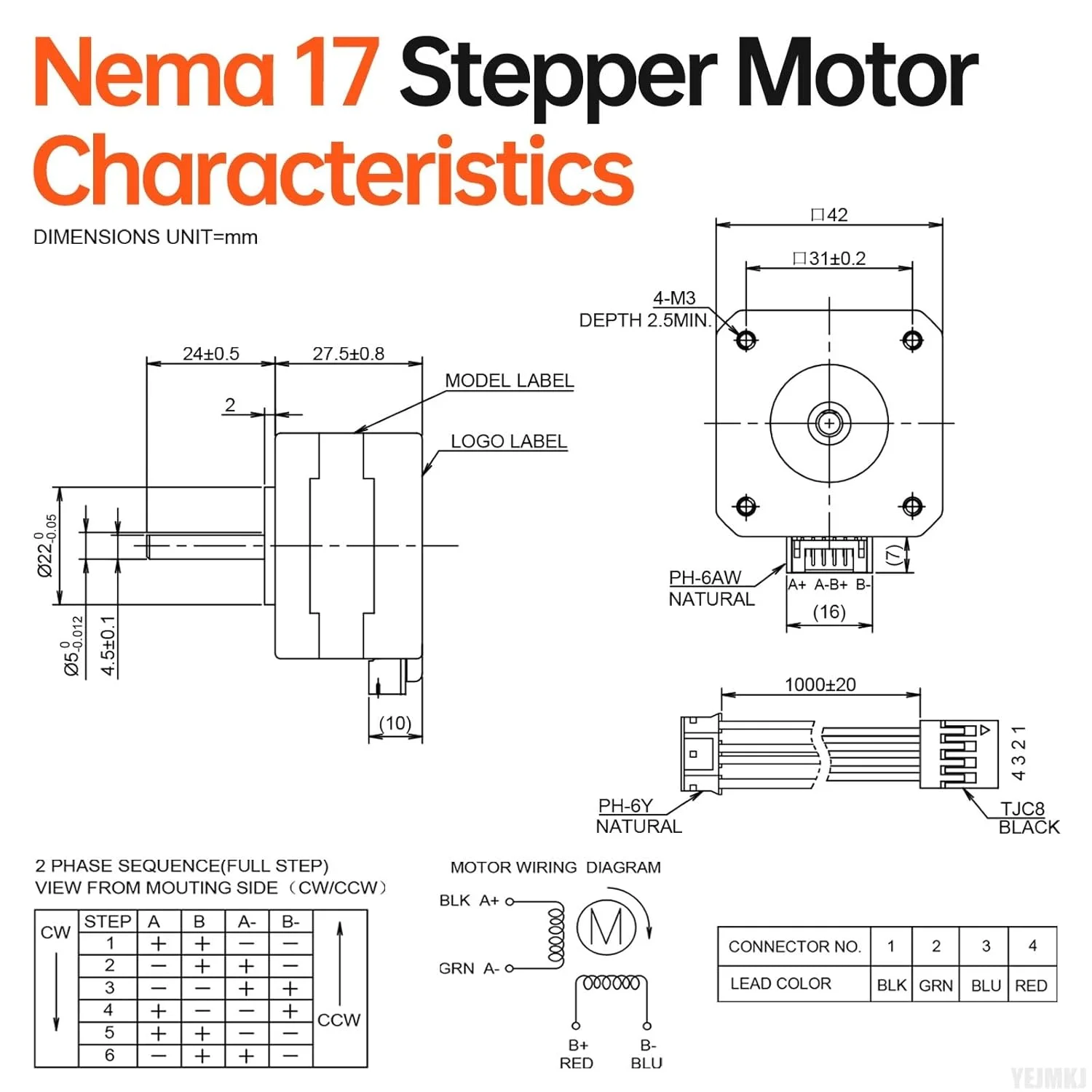 موتور پله ای Nema 17، 2 فاز، 1.8 درجه، 0.28 نیوتن متر (39.65 اونس·اینچ)، گشتاور بالا، دو قطبی 28 میلی متر، 1.6 آمپر، 1.2 اهم، 4 سیم، شفت 24 میلی متر φ5 میلی متر، کابل موتور پله ای 42، 1 متری، مناسب برای پرینتر سه بعدی، ربات DIY و دستگاه CNC، بسته 5 عددی