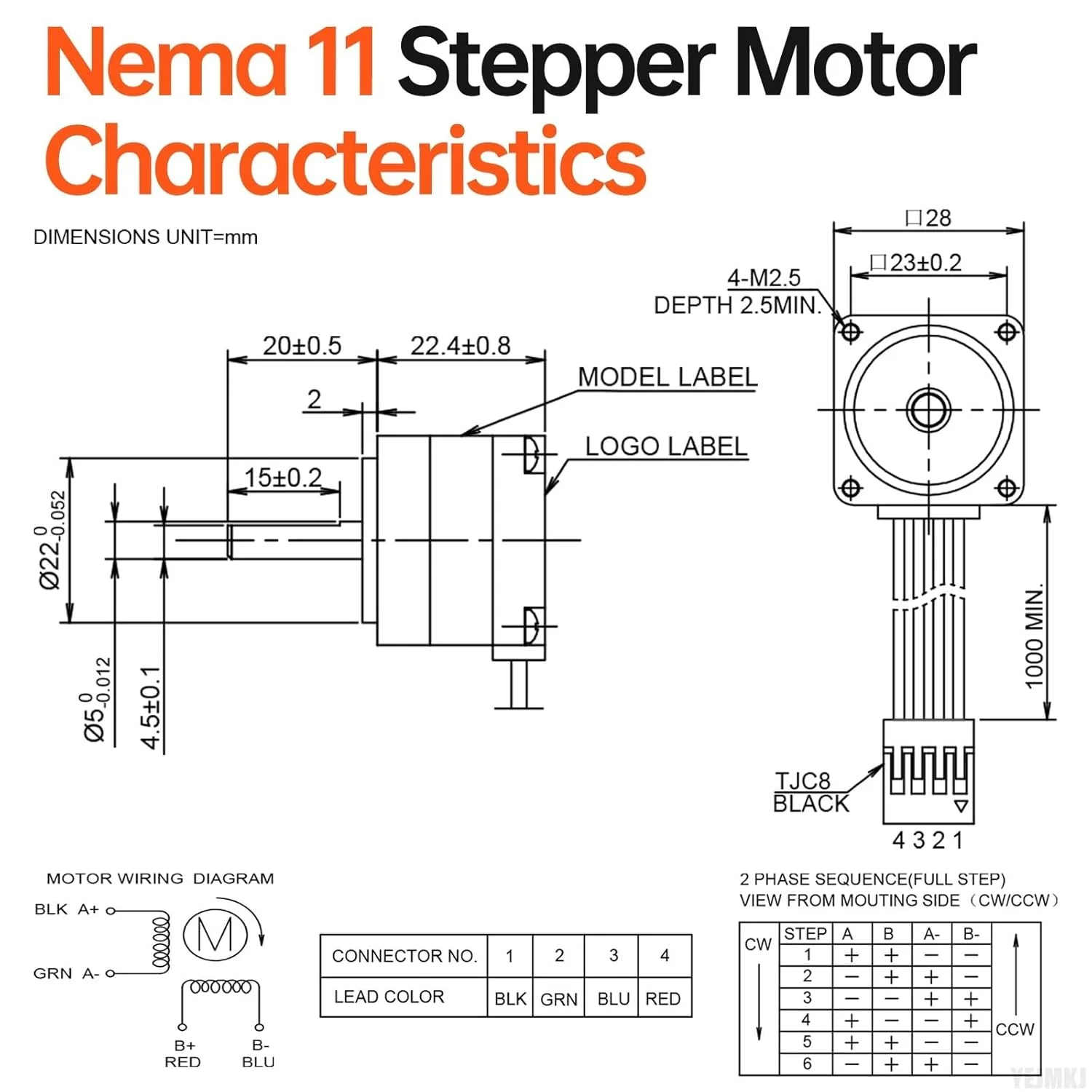 موتور پله ای Nema 11، 2 فاز، 1.8 درجه، 3Ncm (4.25oz·in)، گشتاور بالا، دو قطبی، 23mm، 0.4A، 19Ω، 4 سیم، شفت 20mm φ5mm، کابل موتور پله ای مینی 28، 1M برای پرینتر سه بعدی، ربات DIY، دستگاه CNC