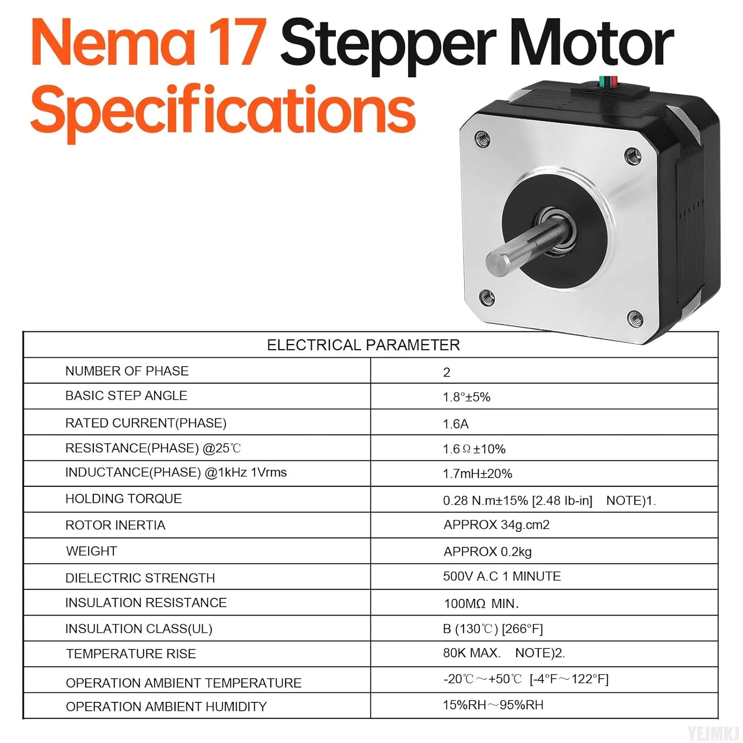 موتور پله ای Nema 17، 2 فاز، 1.8 درجه، 0.28 نیوتن متر (39.65 اونس در اینچ)، گشتاور بالا، دو قطبی 28 میلی متر، 1.6 اهم، 1.6 آمپر، 4 سیم، شفت 24 میلی متر φ5 میلی متر، کابل 1 متری موتور پله ای 42 برای پرینتر سه بعدی، ربات DIY، دستگاه CNC