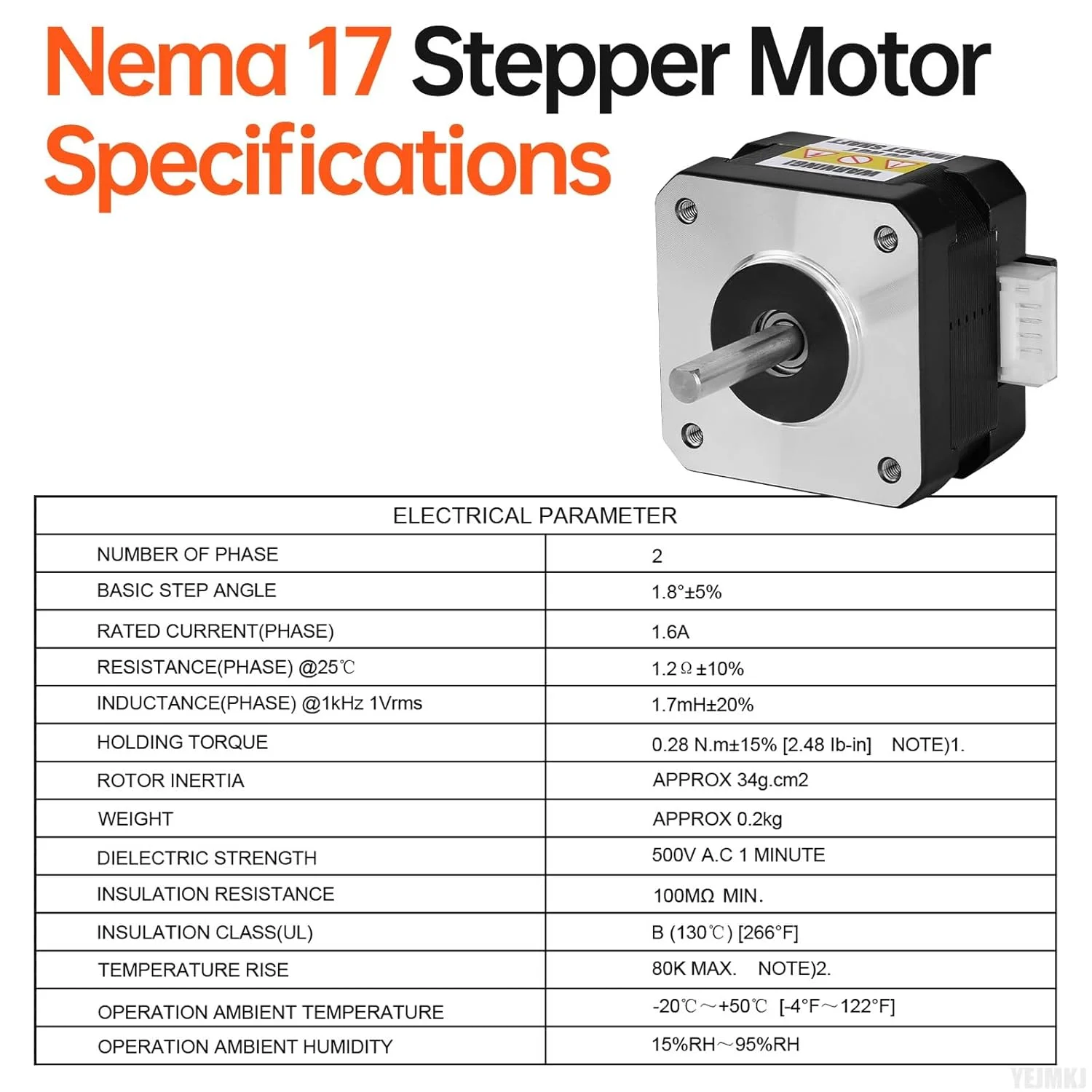 موتور پله ای Nema 17، 2 فاز، 1.8 درجه، 0.28 نیوتن متر (39.65 اونس·اینچ)، گشتاور بالا، دو قطبی 28 میلی متر، 1.6 آمپر، 1.2 اهم، 4 سیم، شفت 24 میلی متر φ5 میلی متر، کابل موتور پله ای 42، 1 متری، مناسب برای پرینتر سه بعدی، ربات DIY و دستگاه CNC، بسته 5 عددی