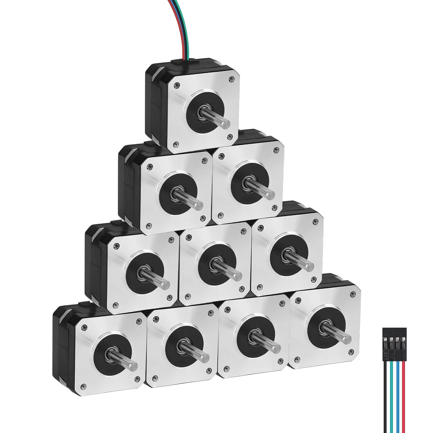 بسته 10 عددی موتور پله‌ای Nema 17، 1.8 درجه، 2 فاز، گشتاور بالا 0.28 نیوتن‌متر (39.65 اونس·اینچ)، دو قطبی 42x28 میلی‌متر، 1.6 آمپر، 1.6 اهم، 4 سیمه، شفت 24 میلی‌متر φ5 میلی‌متر، کابل موتور پله‌ای 42 به طول 1 متر برای پرینتر سه بعدی، ربات DIY، دستگاه CNC