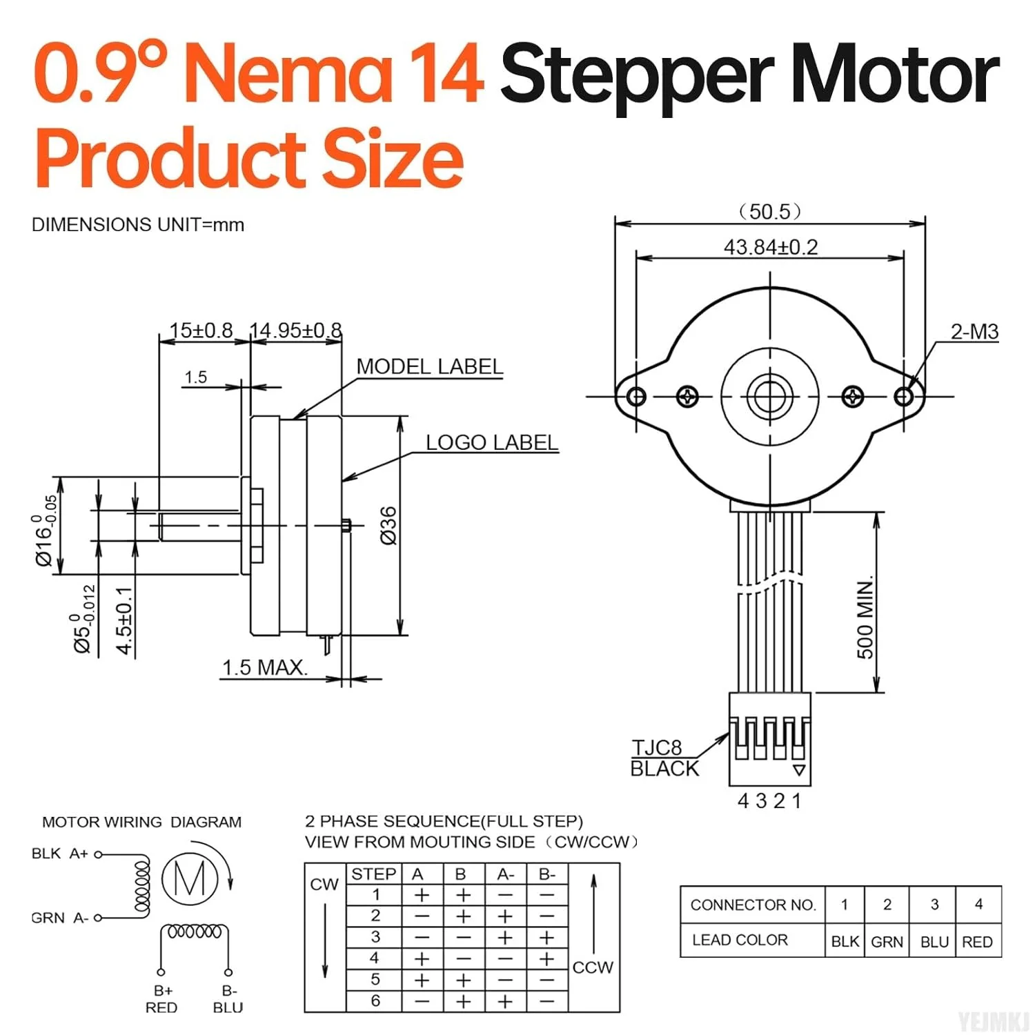 موتور پله ای 0.9 درجه Nema 14، دو فاز، گشتاور بالا 3Ncm (4.25oz·in)، دو قطبی 8.7Ω، 0.5A، شفت 4 سیمه 15mm φ5mm، کابل موتور پله ای 36mm 0.5M برای پرینتر سه بعدی، ربات DIY، دستگاه CNC