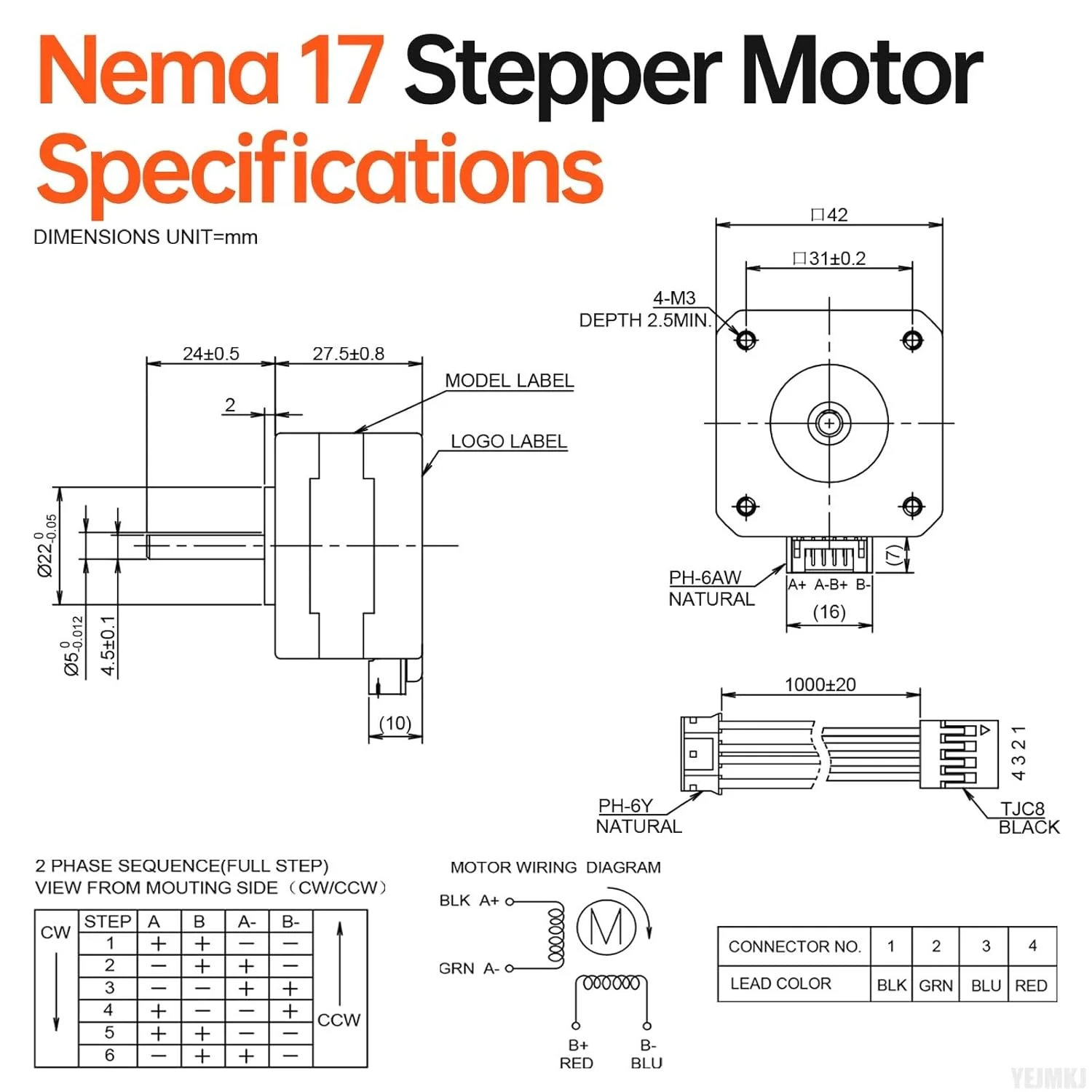 بسته 10 عددی موتور پله ای Nema 17، 1.8 درجه، 2 فاز، گشتاور بالا 0.28 نیوتن متر، دو قطبی 42x28 میلی متر، 1.6 آمپر، 1.2 اهم، 4 سیم، شفت 24 میلی متر φ5 میلی متر، کابل موتور پله ای 42، 1 متری برای پرینتر سه بعدی، ربات DIY، دستگاه CNC