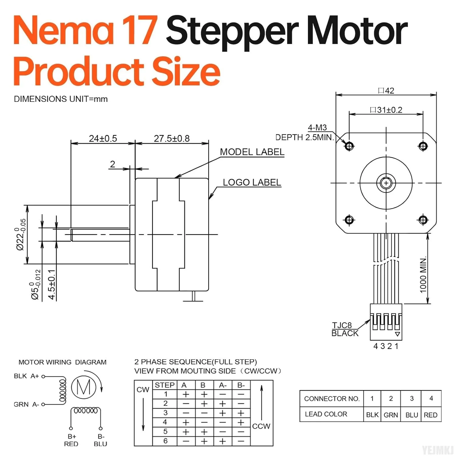 موتور پله ای Nema 17، 1.8 درجه، 2 فاز، گشتاور بالا 0.28Nm (39.65oz·in)، دو قطبی 42x28mm، 1.6A، 1.6Ω، 4 سیم، شفت 24mm φ5mm، کابل موتور پله ای 42، 1 متری برای پرینتر سه بعدی، ربات DIY، دستگاه CNC