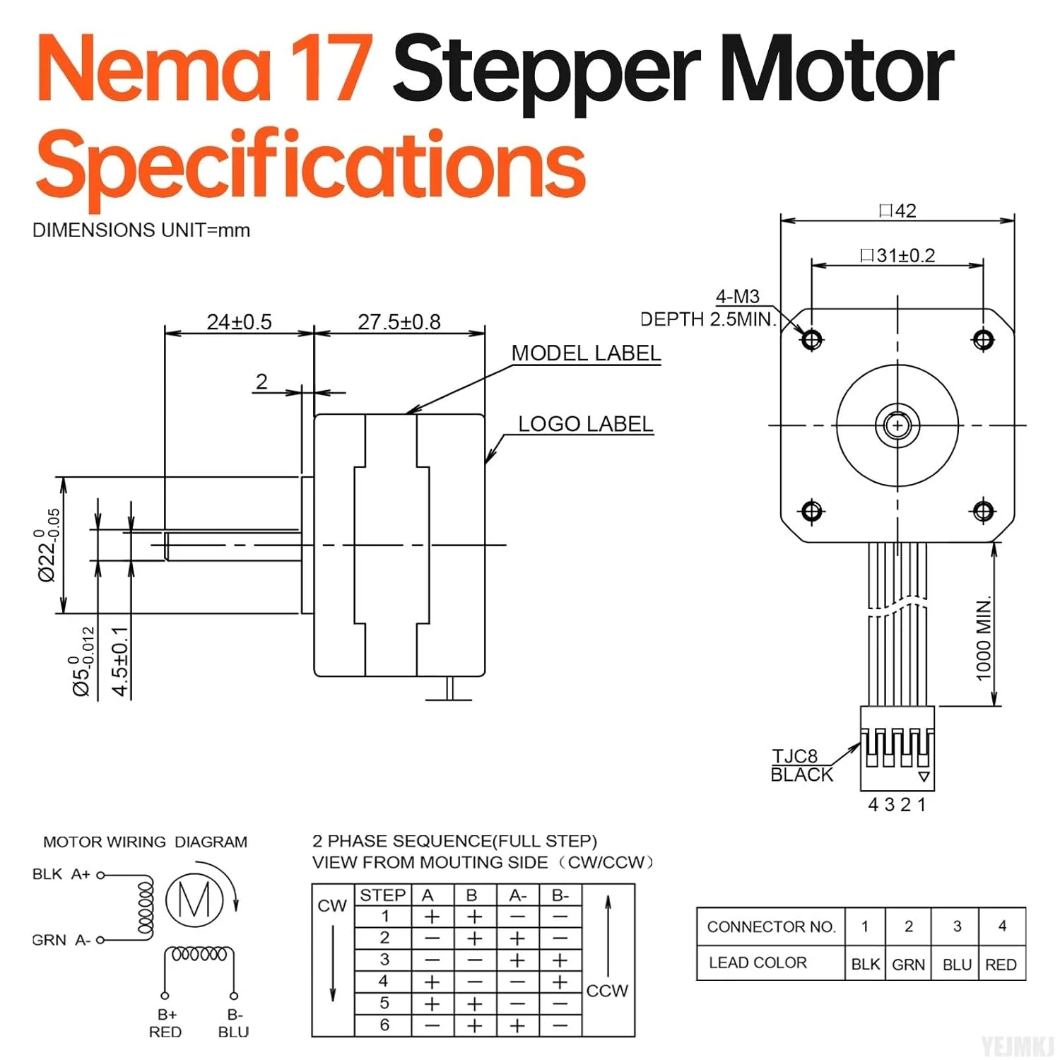 بسته 10 عددی موتور پله‌ای Nema 17، 1.8 درجه، 2 فاز، گشتاور بالا 0.28 نیوتن‌متر (39.65 اونس·اینچ)، دو قطبی 42x28 میلی‌متر، 1.6 آمپر، 1.6 اهم، 4 سیمه، شفت 24 میلی‌متر φ5 میلی‌متر، کابل موتور پله‌ای 42 به طول 1 متر برای پرینتر سه بعدی، ربات DIY، دستگاه CNC