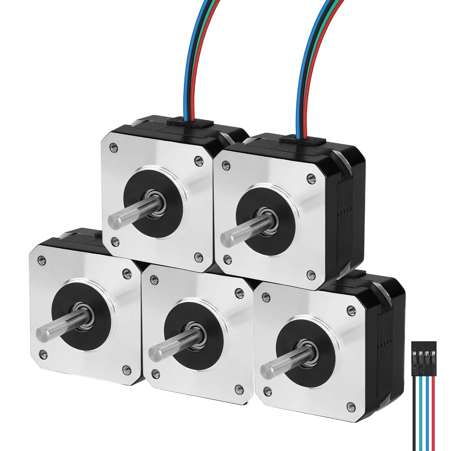 مجموعه 5 عددی موتور پله‌ای Nema 17، دو فاز، 1.8 درجه، 0.26 نیوتن‌متر، گشتاور بالا، دو قطبی 26 میلی‌متر، 1.5 اهم، 2.0 آمپر، 4 سیم، شفت 24 میلی‌متر φ5 میلی‌متر، کابل 1 متری موتور پله‌ای 42 برای پرینتر سه بعدی، ربات DIY و دستگاه CNC