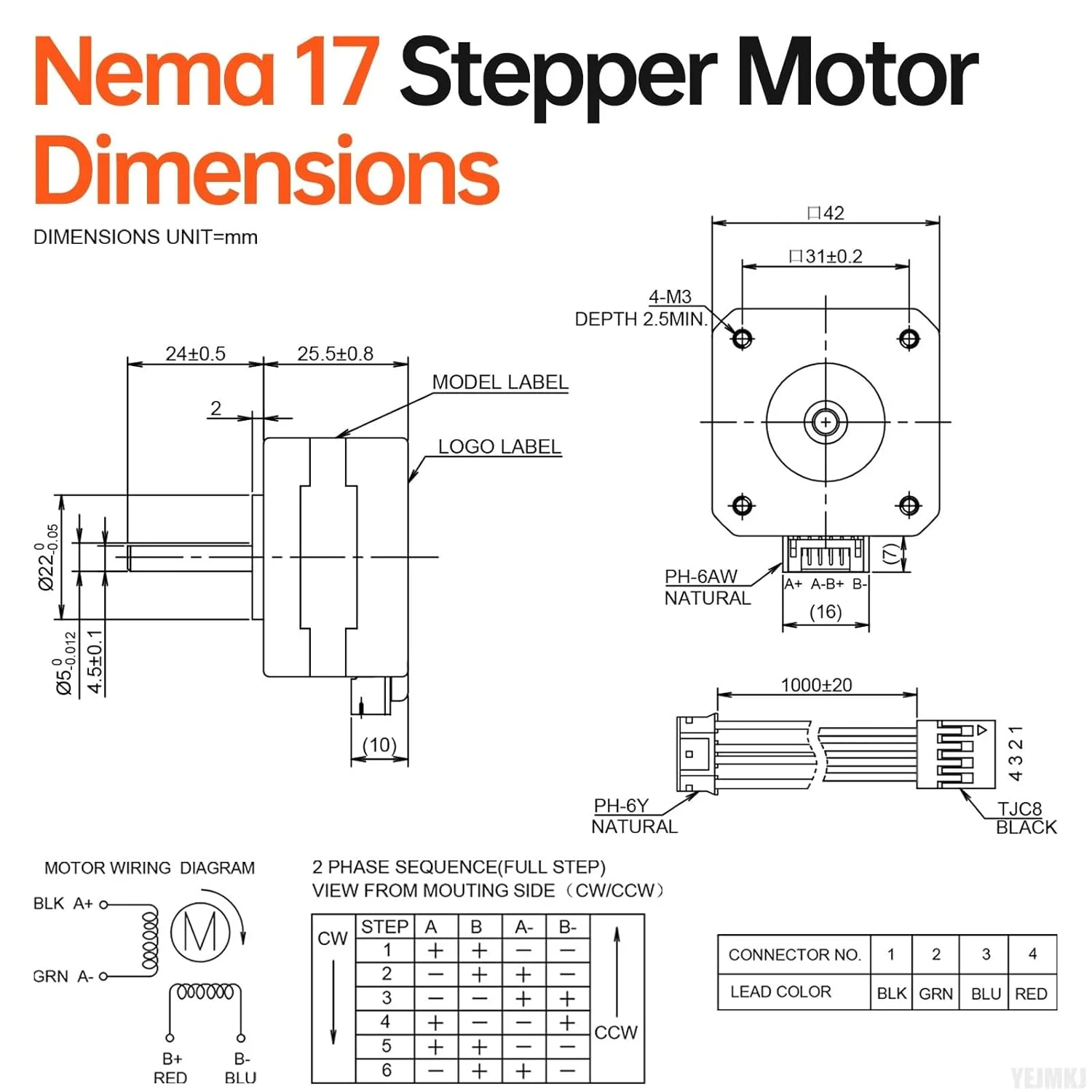 موتور پله ای Nema 17، 1.8 درجه، 2 فاز، گشتاور بالا 0.26 نیوتن متر، دو قطبی 42x26 میلی متر، 2.0 آمپر، 1.1 اهم، 4 سیمه، شفت 24 میلی متر φ5 میلی متر، موتور پله ای 42 به همراه کابل 1 متری برای پرینتر سه بعدی، ربات DIY، دستگاه CNC، بسته 3 عددی