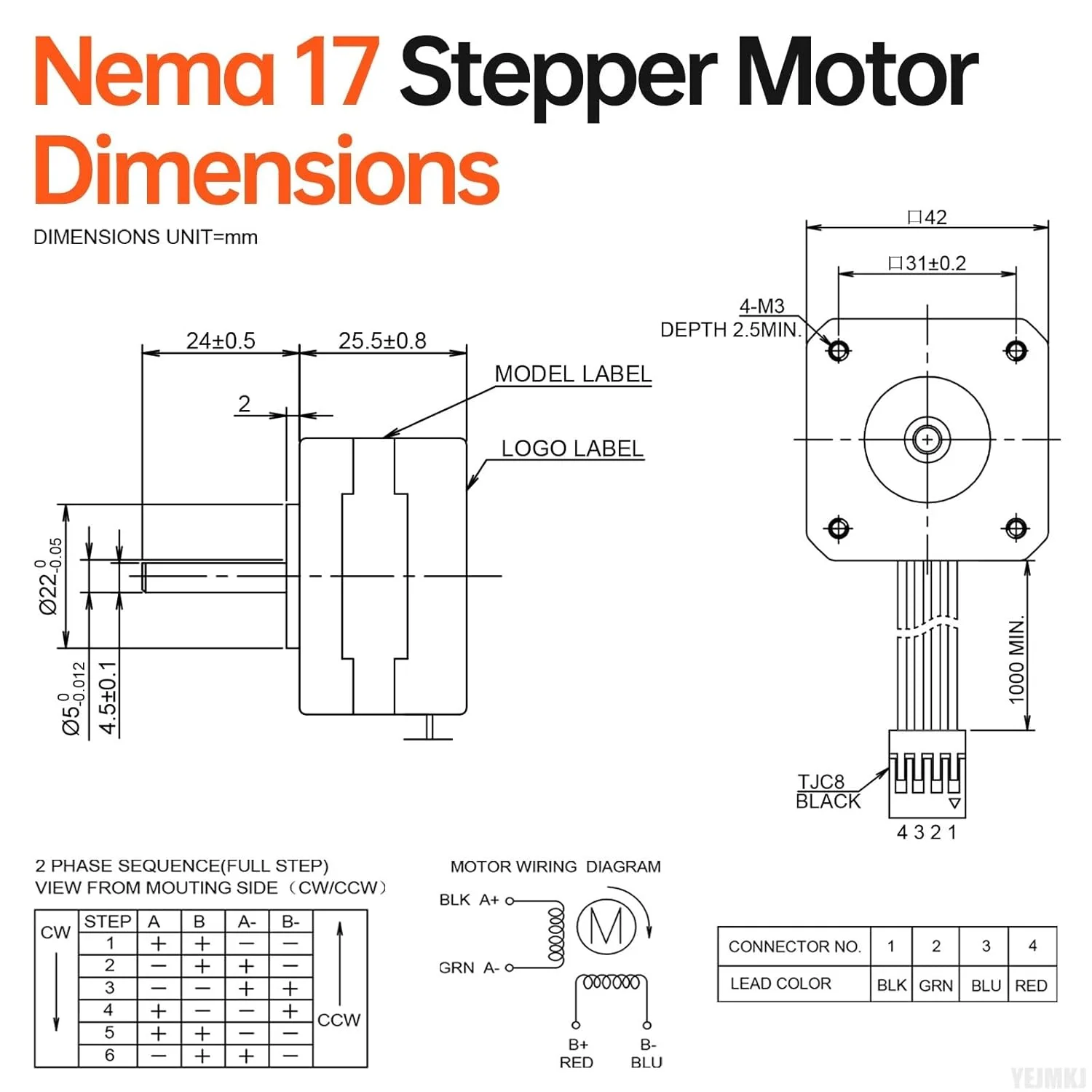 مجموعه 5 عددی موتور پله‌ای Nema 17، دو فاز، 1.8 درجه، 0.26 نیوتن‌متر، گشتاور بالا، دو قطبی 26 میلی‌متر، 1.5 اهم، 2.0 آمپر، 4 سیم، شفت 24 میلی‌متر φ5 میلی‌متر، کابل 1 متری موتور پله‌ای 42 برای پرینتر سه بعدی، ربات DIY و دستگاه CNC