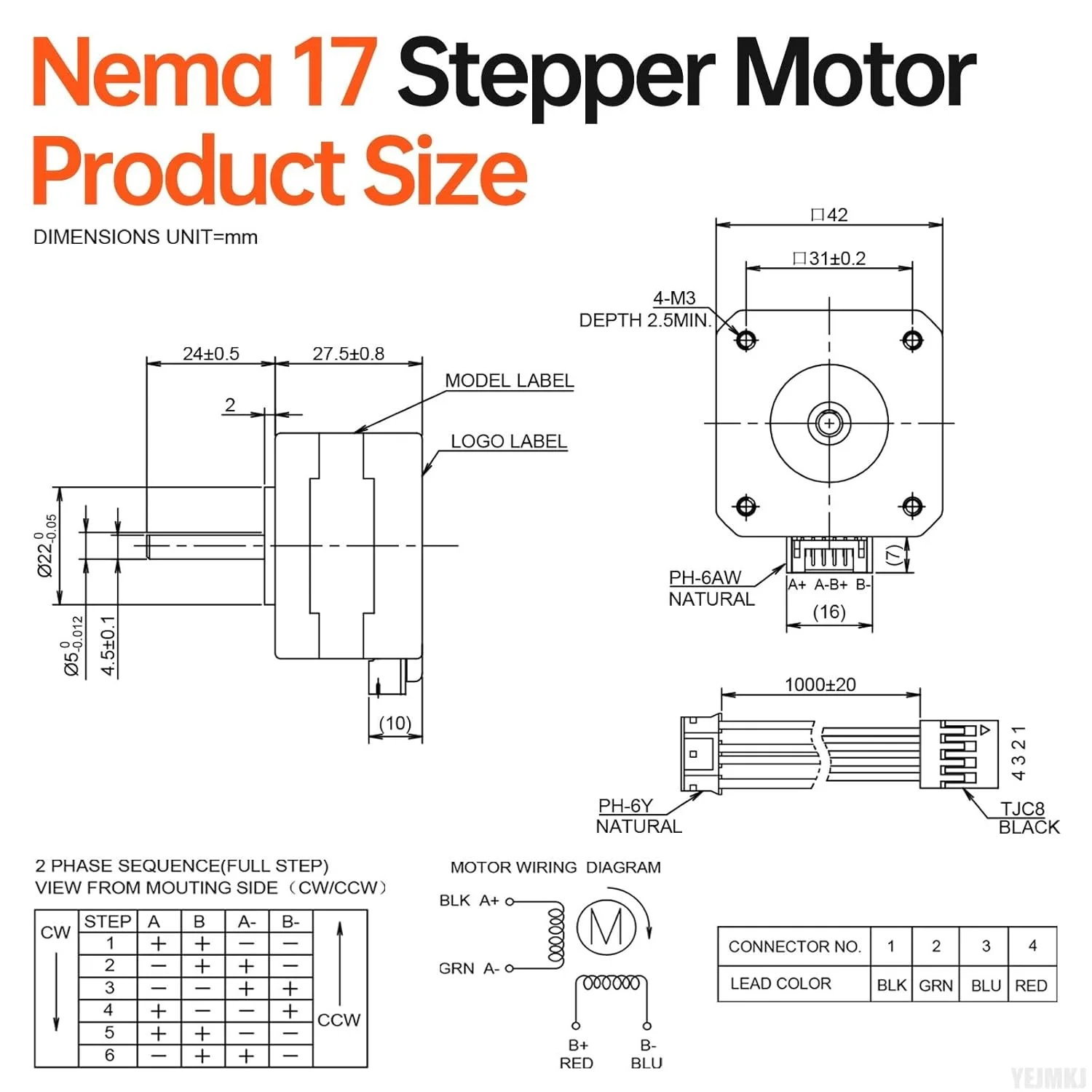 موتور پله ای Nema 17، 1.8 درجه، 2 فاز، گشتاور بالا 0.28 نیوتن متر، دو قطبی 42x28 میلی متر، 1.6 آمپر، 1.2 اهم، 4 سیم، شفت 24 میلی متر φ5 میلی متر، کابل موتور پله ای 42، 1 متری برای پرینتر سه بعدی، ربات DIY، دستگاه CNC