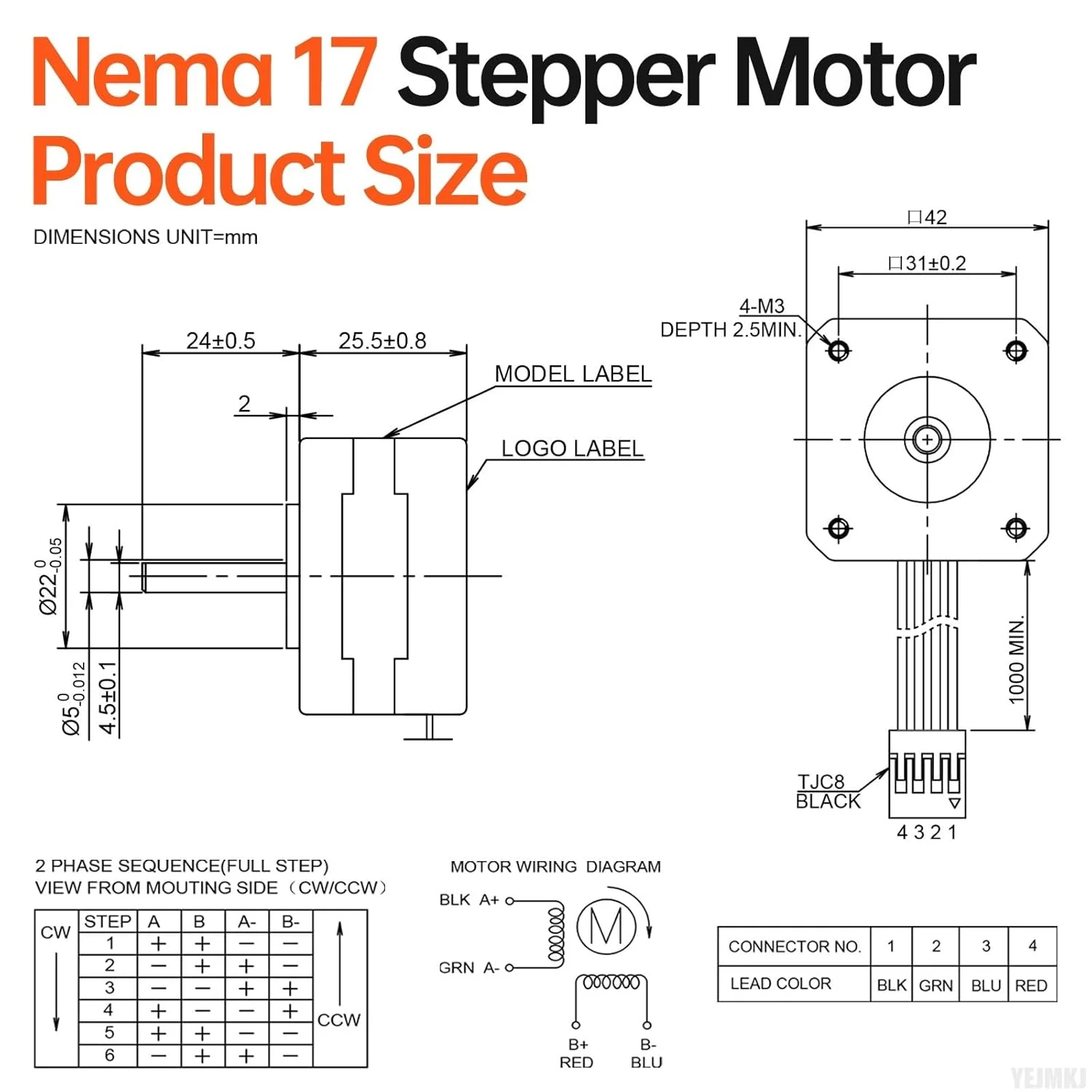 موتور پله‌ای Nema 17، 1.8 درجه، 2 فاز، گشتاور بالا 0.26 نیوتن‌متر، دو قطبی 42x26 میلی‌متر، 2.0 آمپر، 1.5 اهم، 4 سیم، شفت 24 میلی‌متر φ5 میلی‌متر 42 به همراه کابل 1 متری برای پرینتر سه بعدی، ربات DIY و دستگاه CNC، بسته 3 عددی
