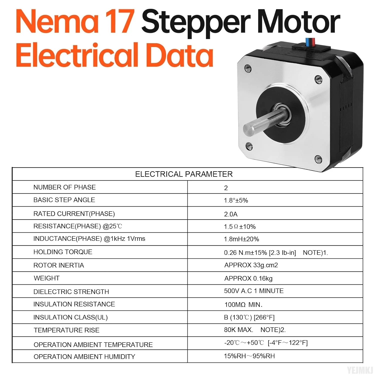 موتور پله‌ای Nema 17، 1.8 درجه، 2 فاز، گشتاور بالا 0.26 نیوتن‌متر، دو قطبی 42x26 میلی‌متر، 2.0 آمپر، 1.5 اهم، 4 سیم، شفت 24 میلی‌متر φ5 میلی‌متر 42 به همراه کابل 1 متری برای پرینتر سه بعدی، ربات DIY و دستگاه CNC، بسته 3 عددی