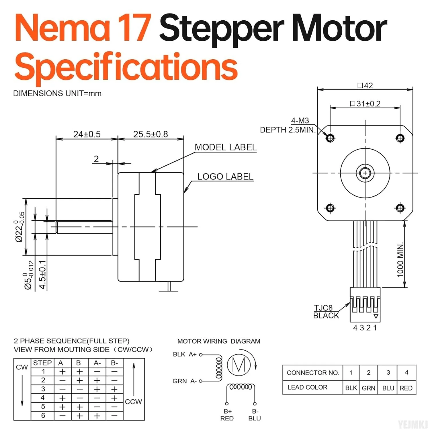 بسته 10 عددی موتور پله ای Nema 17، 2 فاز، 1.8 درجه، 0.26 نیوتن متر (36.82 اونس در اینچ)، گشتاور بالا، دو قطبی 26 میلی متر، 2.0 آمپر، 1.5 اهم، 4 سیم، شفت 24 میلی متر φ5 میلی متر، کابل 1 متری موتور پله ای 42 برای پرینتر سه بعدی، ربات DIY، دستگاه CNC