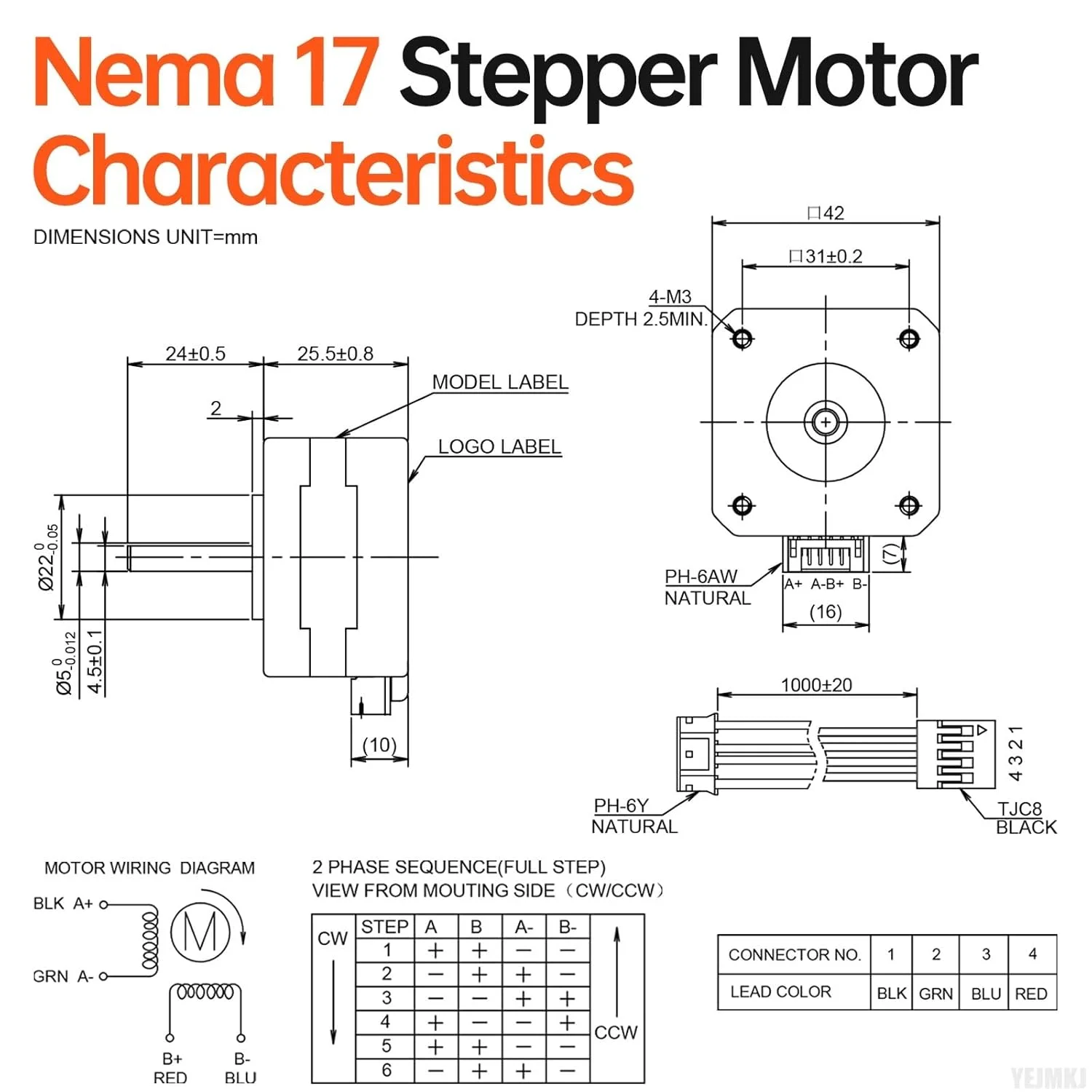 موتور پله‌ای Nema 17، 5 عددی، 2 فاز، 1.8 درجه، 0.26 نیوتن‌متر، گشتاور بالا، دو قطبی 26 میلی‌متری، 1.1 اهم، 2.0 آمپر، 4 سیم، شفت 24 میلی‌متری φ5 میلی‌متری، کابل 1 متری موتور پله‌ای 42 برای پرینتر سه بعدی، ربات DIY، دستگاه CNC