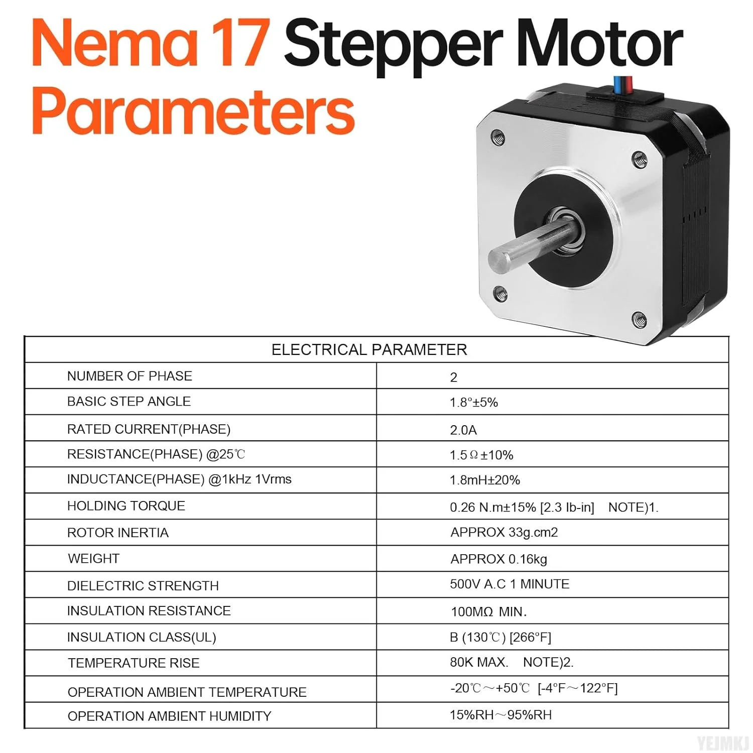 موتور پله ای Nema 17، 2 فاز، 1.8 درجه، 0.26 نیوتن متر (36.82 اونس در اینچ)، گشتاور بالا، دو قطبی، 26 میلی متر، 2.0 آمپر، 1.5 اهم، 4 سیم، شفت 24 میلی متر، φ5 میلی متر، کابل موتور پله ای 42، 1 متری برای پرینتر سه بعدی، ربات DIY، دستگاه CNC