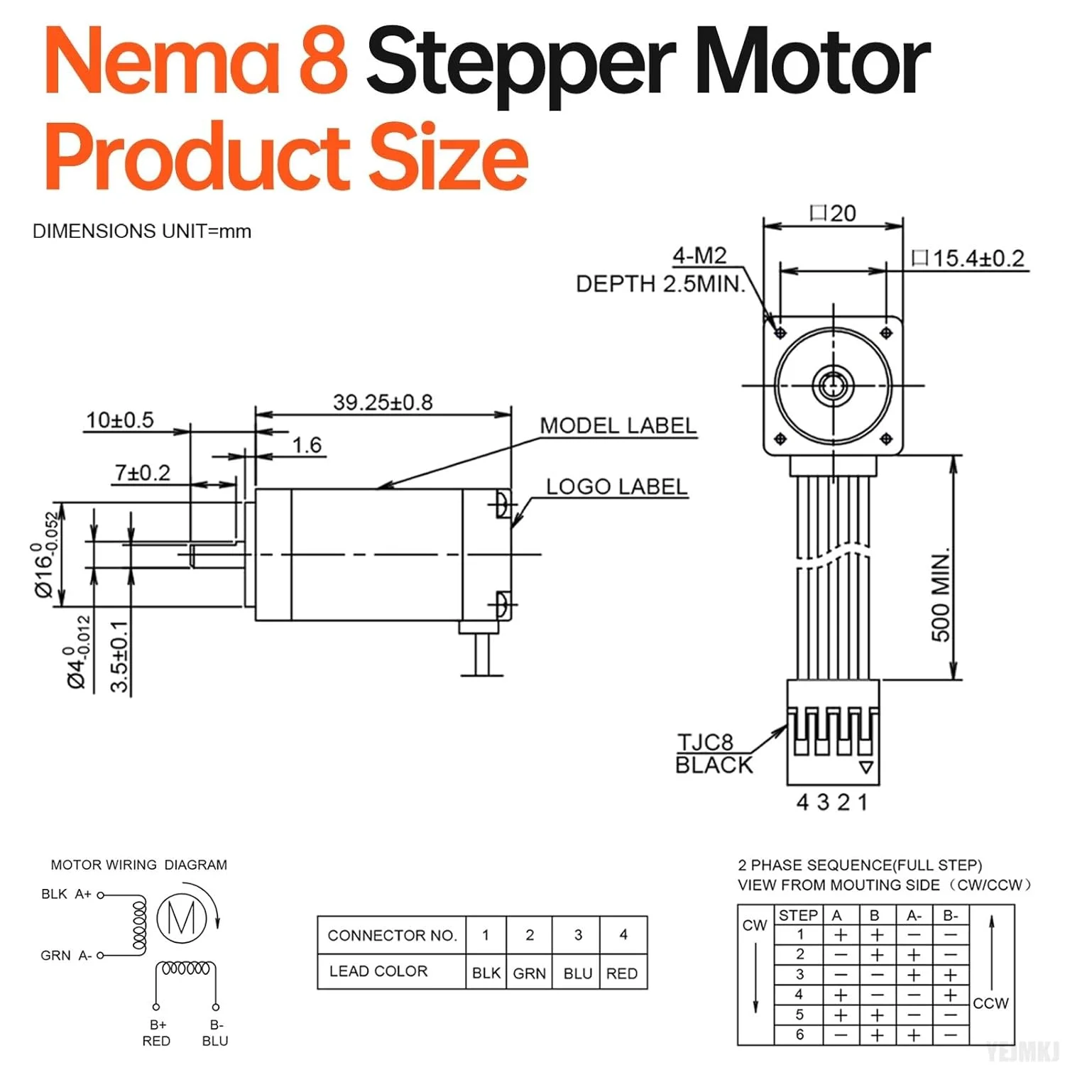 موتور پله‌ای Nema 8، دو فاز، ۱.۸ درجه، ۲.۸Ncm (۳.۹۷oz·in)، گشتاور بالا، دو قطبی، ۴۰mm، ۱۱Ω، ۰.۵A، ۴ سیم، شفت ۱۰mm φ۴mm، کابل موتور پله‌ای ۲۰ میکرو، ۰.۵M برای پرینتر سه بعدی، ربات DIY، دستگاه CNC