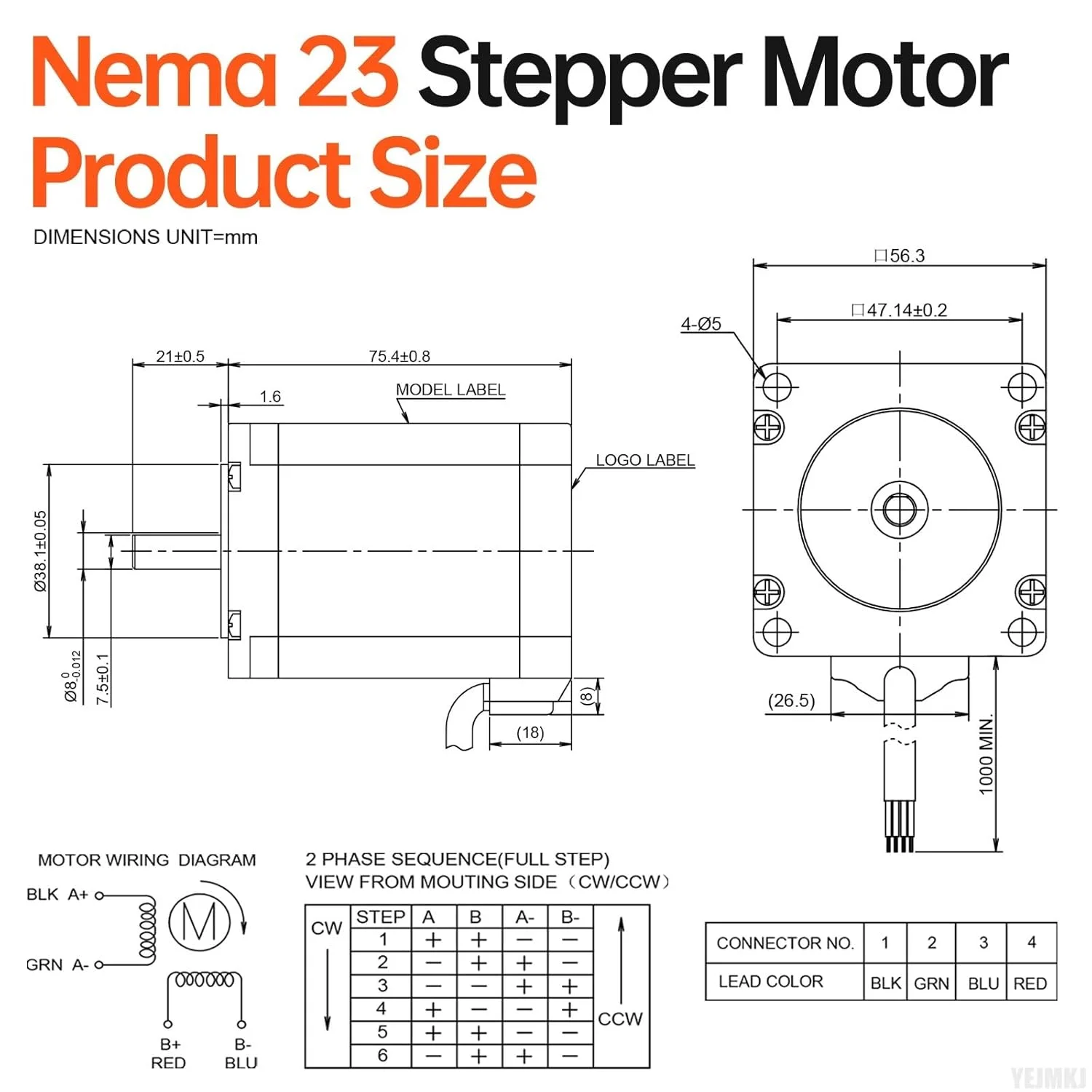 موتور پله‌ای Nema 23، دو فاز، ۱.۸ درجه، ۲ نیوتن‌متر (۲۸۳.۲۲ اونس-اینچ)، گشتاور بالا، دو قطبی، ۷۶ میلی‌متر، ۴.۲ آمپر، ۰.۶ اهم، ۴ سیم، شفت ۲۱ میلی‌متر φ۸ میلی‌متر، کابل موتور پله‌ای ۵۷ به طول ۱ متر برای CNC فرز، تراش، روتر، پرینتر سه بعدی، ربات DIY.