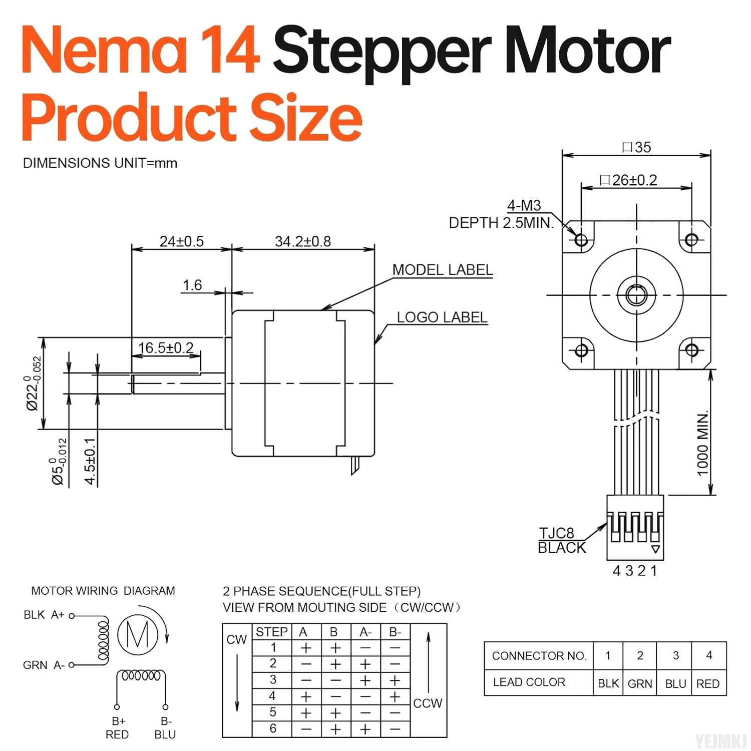 موتور پله‌ای Nema 14، دو فاز، ۱.۸ درجه، ۲۰Ncm (۲۸.۳۲oz·in)، گشتاور بالا، دوقطبی، ۳۵ میلی‌متر، ۱.۲ آمپر، ۲.۴Ω، ۴ سیم، شفت ۲۴ میلی‌متر φ۵ میلی‌متر، کابل موتور پله‌ای ۳۵، ۱ متری برای پرینتر سه بعدی، ربات DIY، دستگاه CNC