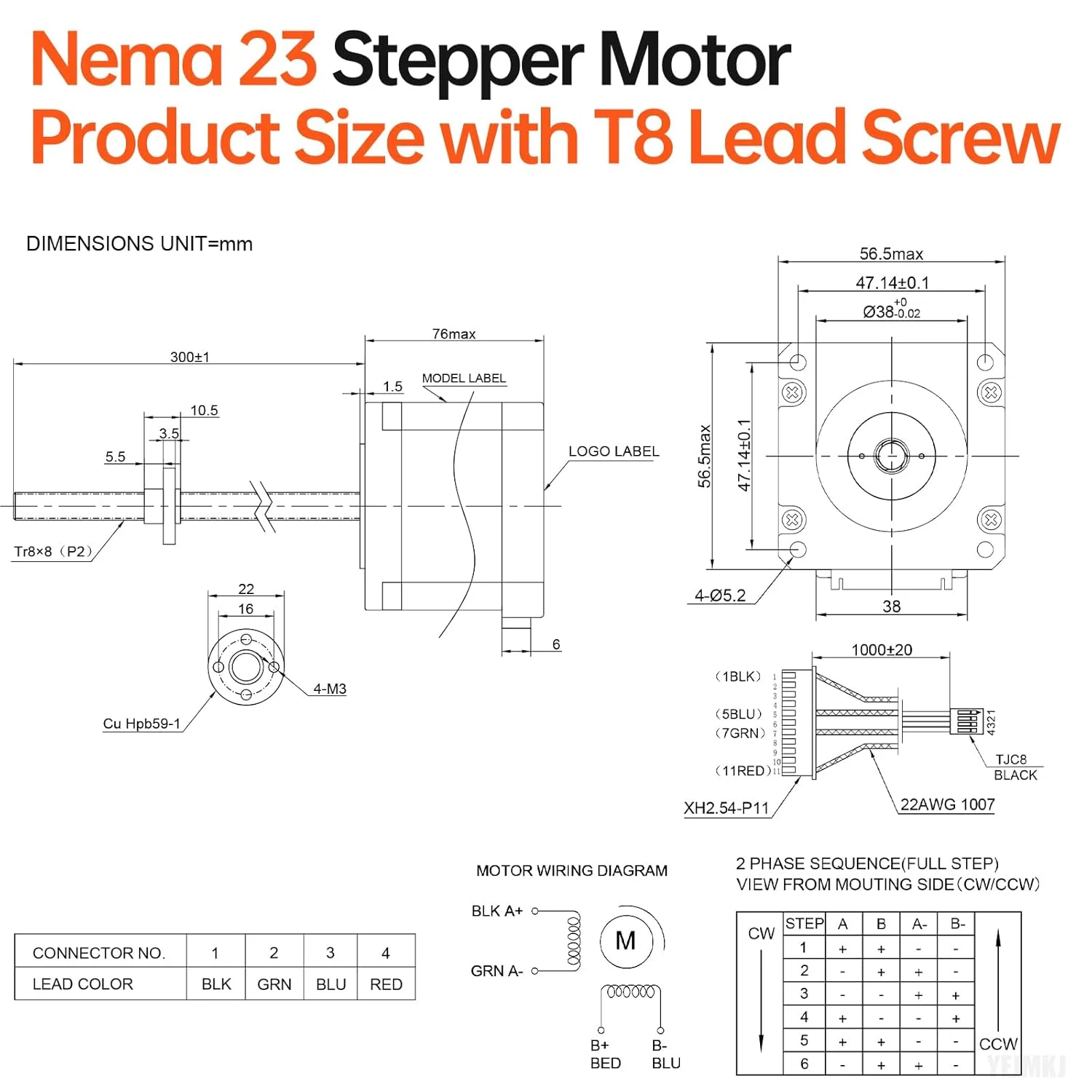 موتور پله‌ای Nema 23 مدل TR8x8 300mm به همراه پیچ سربی T8 با زاویه گام 1.8 درجه، 2 فاز، گشتاور بالا 1.8 نیوتن‌متر، دو قطبی 4.2 آمپر 0.65 اهم 76 میلی‌متر، موتور پله‌ای 57 با کابل اتصال 4 سیمه 1 متری برای پرینتر سه بعدی، ربات DIY و CNC