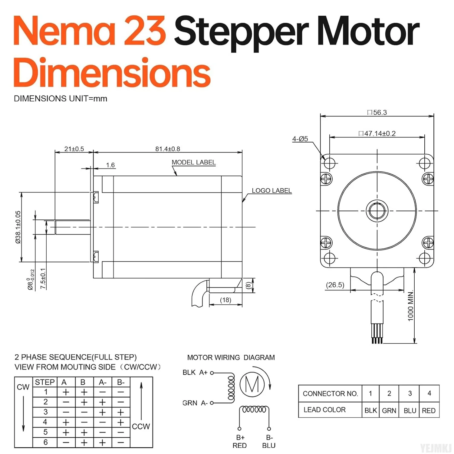 موتور پله ای Nema 23، 2 فاز، 1.8 درجه، 2.2 نیوتن متر (311.55 اونس در اینچ)، گشتاور بالا، دو قطبی 82 میلی متر، 4.0 آمپر، 0.6 اهم، 4 سیم، شفت 21 میلی متر φ8 میلی متر، کابل موتور پله ای 57 به طول 1 متر برای دستگاه CNC، تراش، پرینتر سه بعدی، ربات DIY.