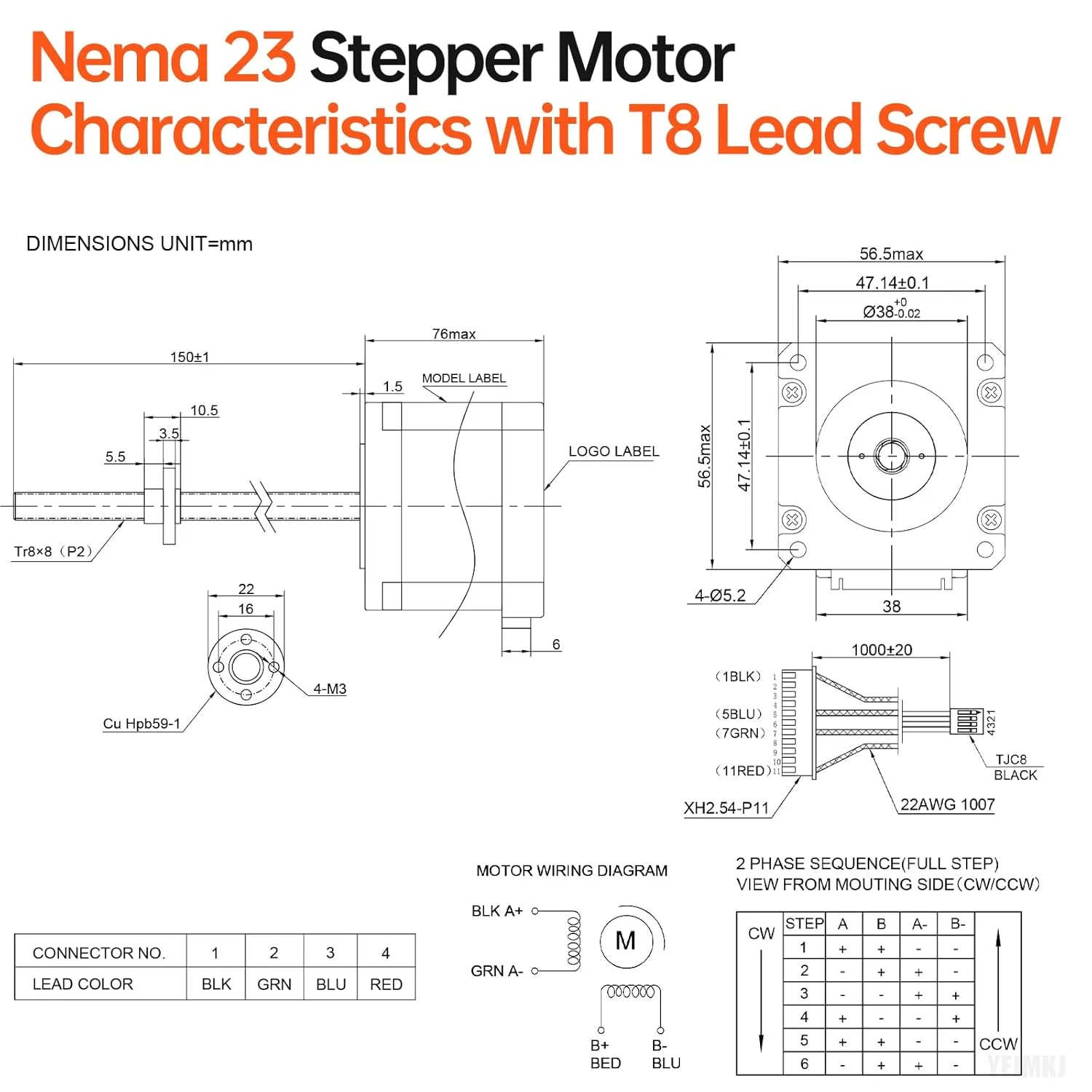موتور پله‌ای Nema 23 TR8x8 150mm با پیچ سربی T8، دو فاز، 1.8 درجه، گشتاور بالا 1.8Nm (254.9oz·in)، دو قطبی 4.2A 0.65Ω 76mm، موتور پله‌ای 57، کابل اتصال 4 سیمه 1 متری برای پرینتر سه بعدی، ربات DIY، CNC