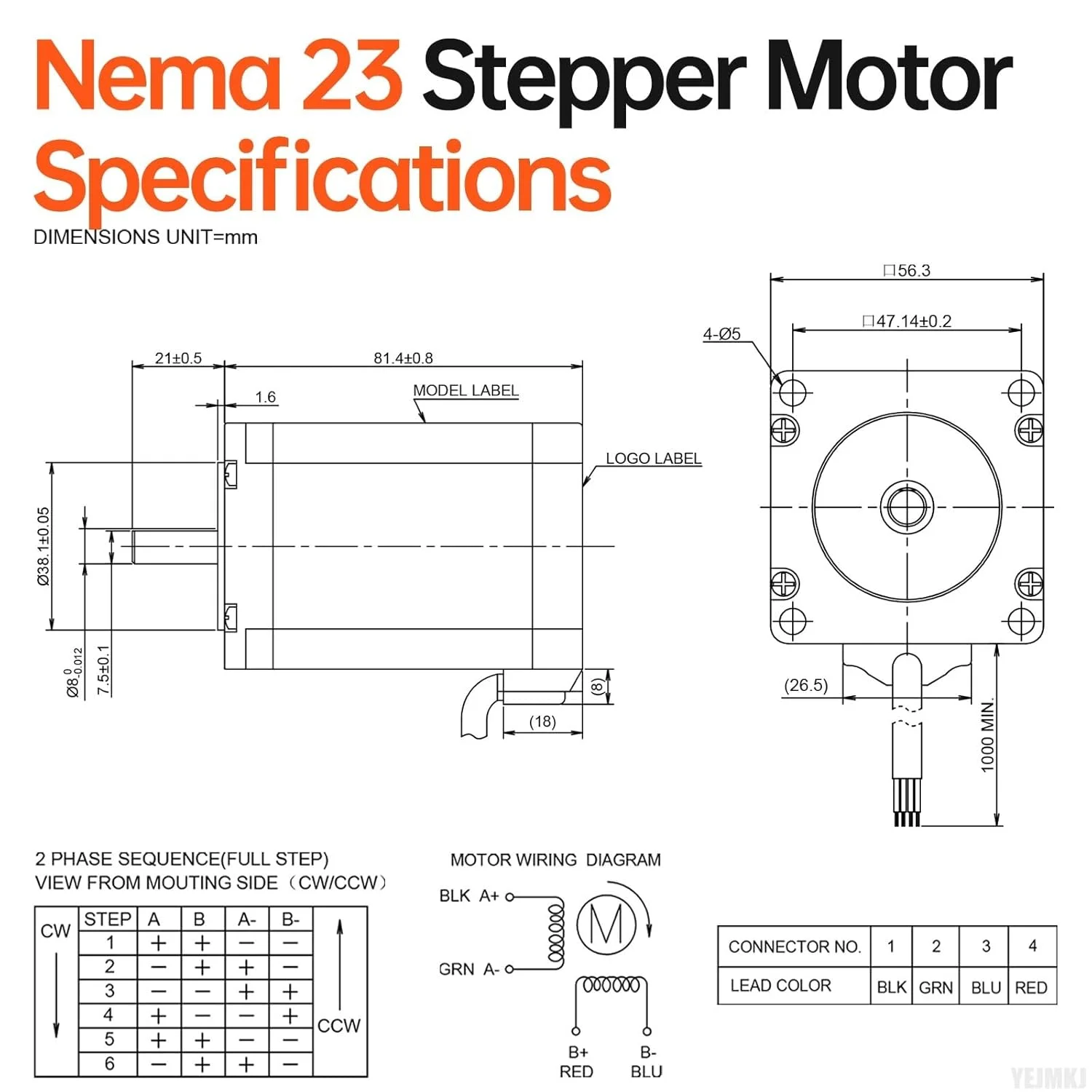 موتور پله‌ای Nema 23، دو فاز، ۱.۸ درجه، ۲.۲ نیوتن‌متر (۳۱۱.۵۵ اونس-اینچ)، گشتاور بالا، دو قطبی ۸۲ میلی‌متر، ۰.۶ اهم، ۴.۰ آمپر، ۴ سیم، شفت ۲۱ میلی‌متر φ۸ میلی‌متر، کابل موتور پله‌ای ۵۷ به طول ۱ متر برای دستگاه CNC، تراش، پرینتر سه بعدی، ربات DIY.