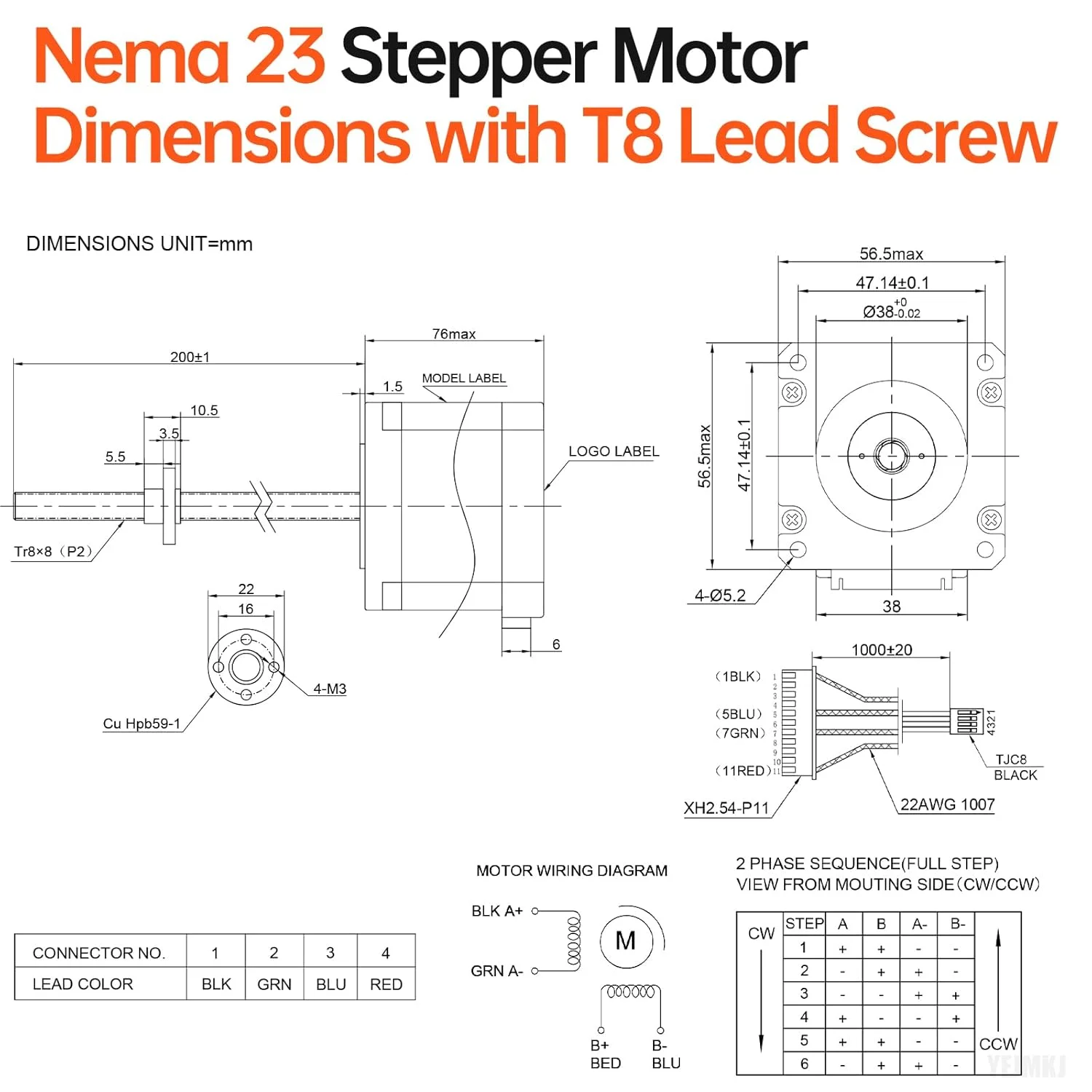 موتور پله‌ای Nema 23 TR8x8 200mm با پیچ سربی T8، 1.8 درجه، 2 فاز، گشتاور بالا 1.8 نیوتن‌متر (254.9 اونس·اینچ)، 4.2 آمپر، 0.65 اهم، دوقطبی 76mm، موتور 57 مرحله‌ای، کابل اتصال 4 سیمه 1 متری برای پرینتر سه بعدی، ربات DIY، CNC