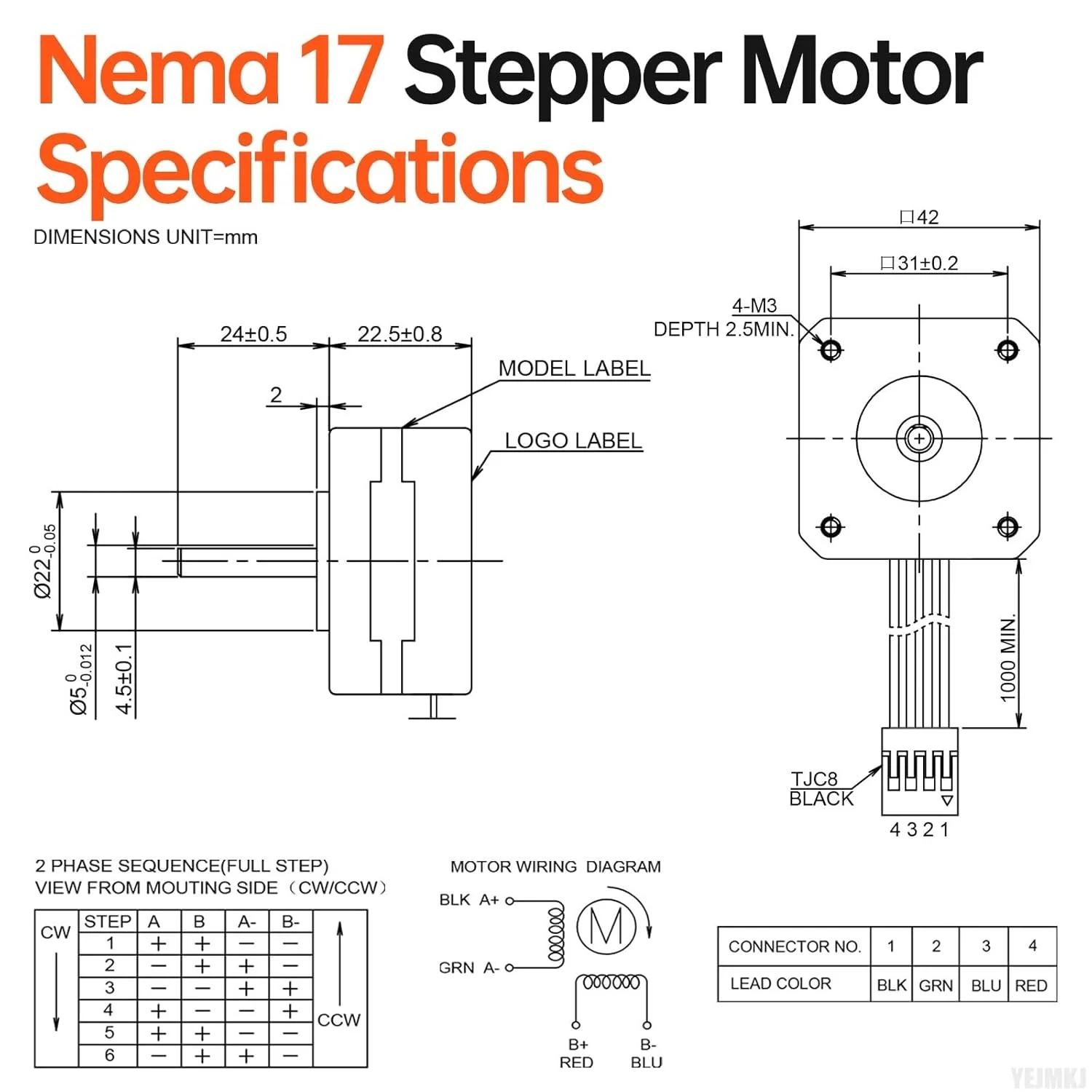 بسته 10 عددی موتور پله ای Nema 17، دو فاز، 1.8 درجه، 0.16 نیوتن متر (22.66 اونس در اینچ)، گشتاور بالا، دو قطبی 23 میلی متر، 4.2 اهم، 0.8 آمپر، 4 سیم، شفت 24 میلی متر φ5 میلی متر، کابل موتور پله ای 42، 1 متری برای پرینتر سه بعدی، ربات DIY، دستگاه CNC