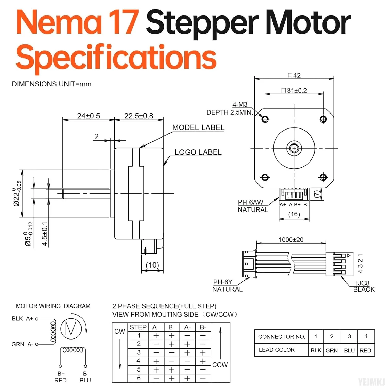 موتور پله ای Nema 17، 2 فاز، 1.8 درجه، 0.16 نیوتن متر (22.66 اونس در اینچ)، گشتاور بالا، دو قطبی، 23 میلی متر، 3.7 اهم، 0.8 آمپر، 4 سیم، شفت 24 میلی متر φ5 میلی متر 42، موتور پله ای پنکیکی، کابل 1 متری برای پرینتر سه بعدی، ربات DIY، دستگاه CNC
