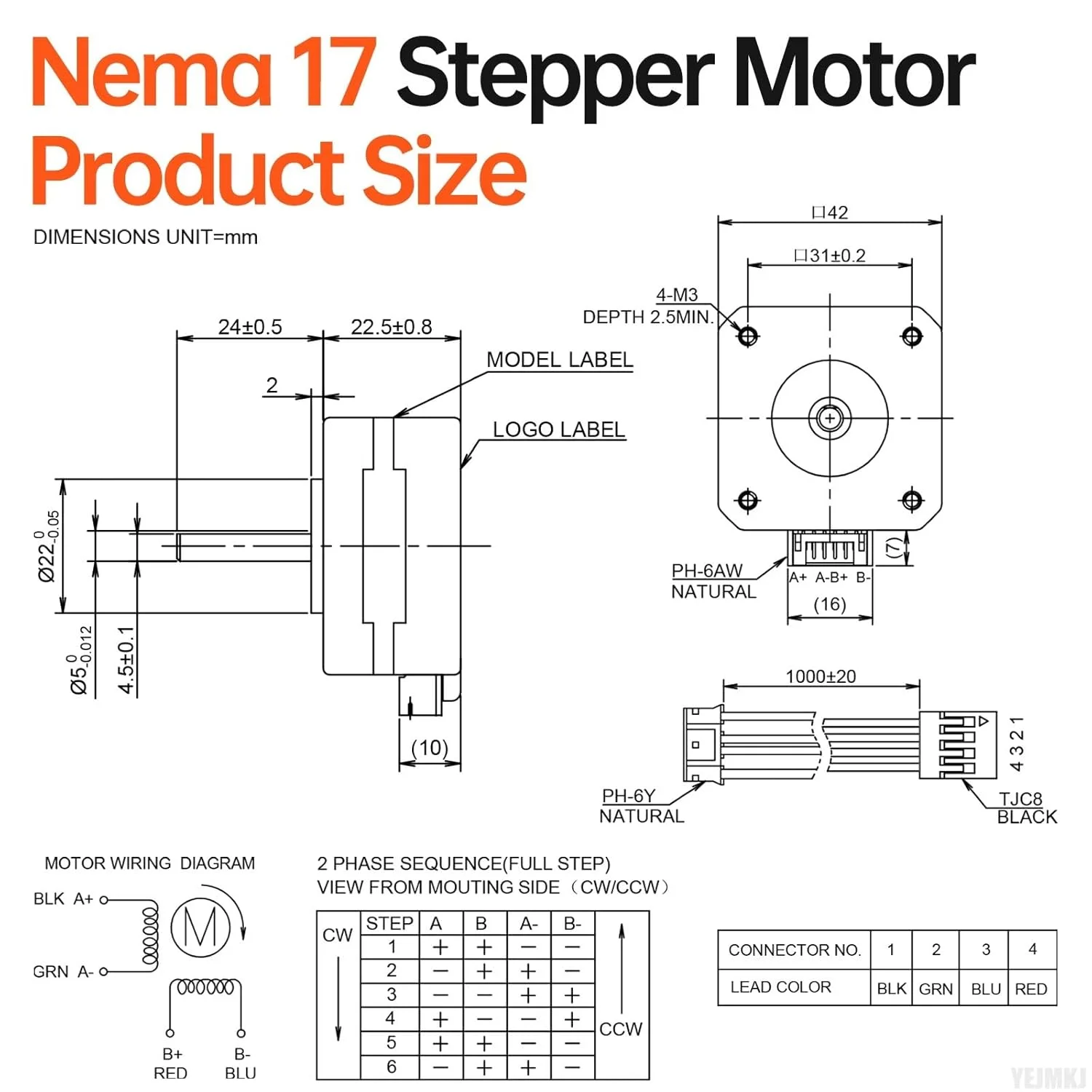 بسته 10 عددی موتور پله‌ای Nema 17، 2 فاز، 1.8 درجه، 0.16 نیوتن‌متر، گشتاور بالا، دوقطبی، 23 میلی‌متر، 3.7 اهم، 0.8 آمپر، 4 سیم، شفت 24 میلی‌متر، φ5 میلی‌متر، کابل 1 متری موتور پله‌ای 42 برای پرینتر سه بعدی، ربات DIY و دستگاه CNC