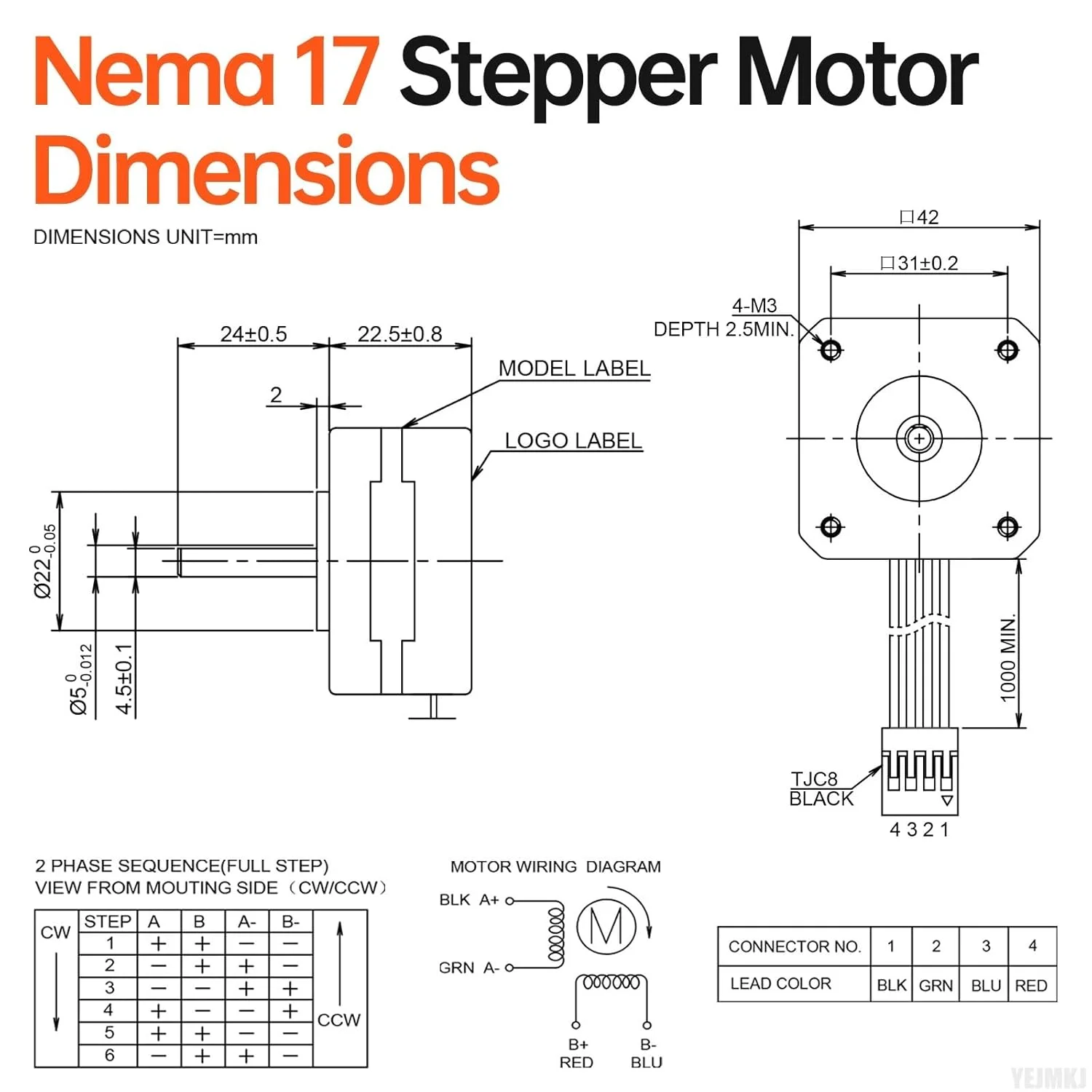 موتور پله ای Nema 17، 3 عددی، 2 فاز، 1.8 درجه، 0.16 نیوتن متر (22.66 اونس·اینچ)، گشتاور بالا، دو قطبی، 23 میلی متر، 0.8 آمپر، 4.2 اهم، 4 سیم، شفت 24 میلی متر φ5 میلی متر، کابل موتور پله ای 42، 1 متری، برای پرینتر سه بعدی، ربات DIY، دستگاه CNC