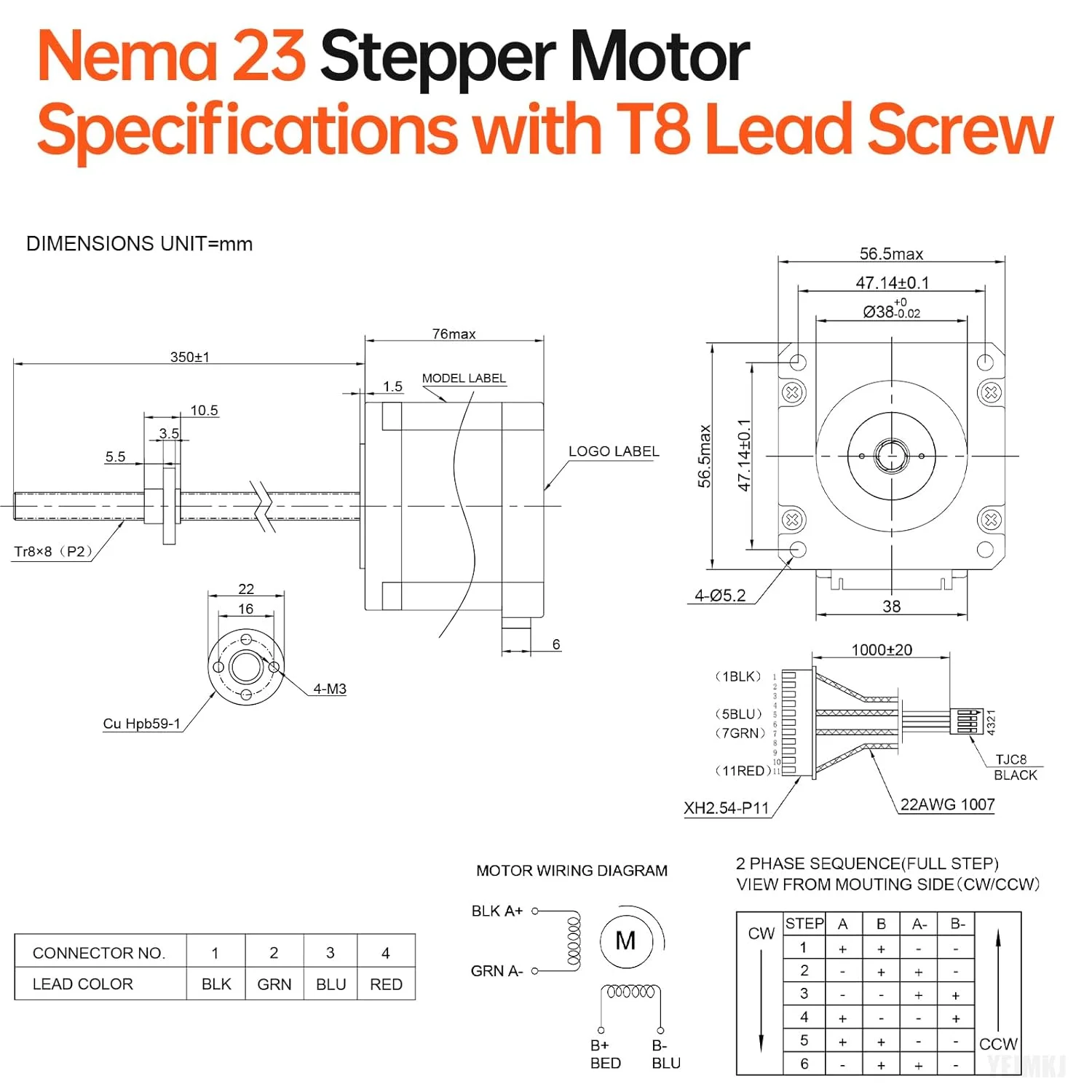 موتور پله‌ای Nema 23 TR8x8 350mm با پیچ T8، دو فاز، 1.8 درجه، گشتاور بالا 1.8Nm (254.9oz·in)، 4.2A، 0.65Ω، دوقطبی 76mm، موتور پله‌ای 57، کابل اتصال 4 سیمه 1 متری برای پرینتر سه بعدی، ربات DIY، CNC