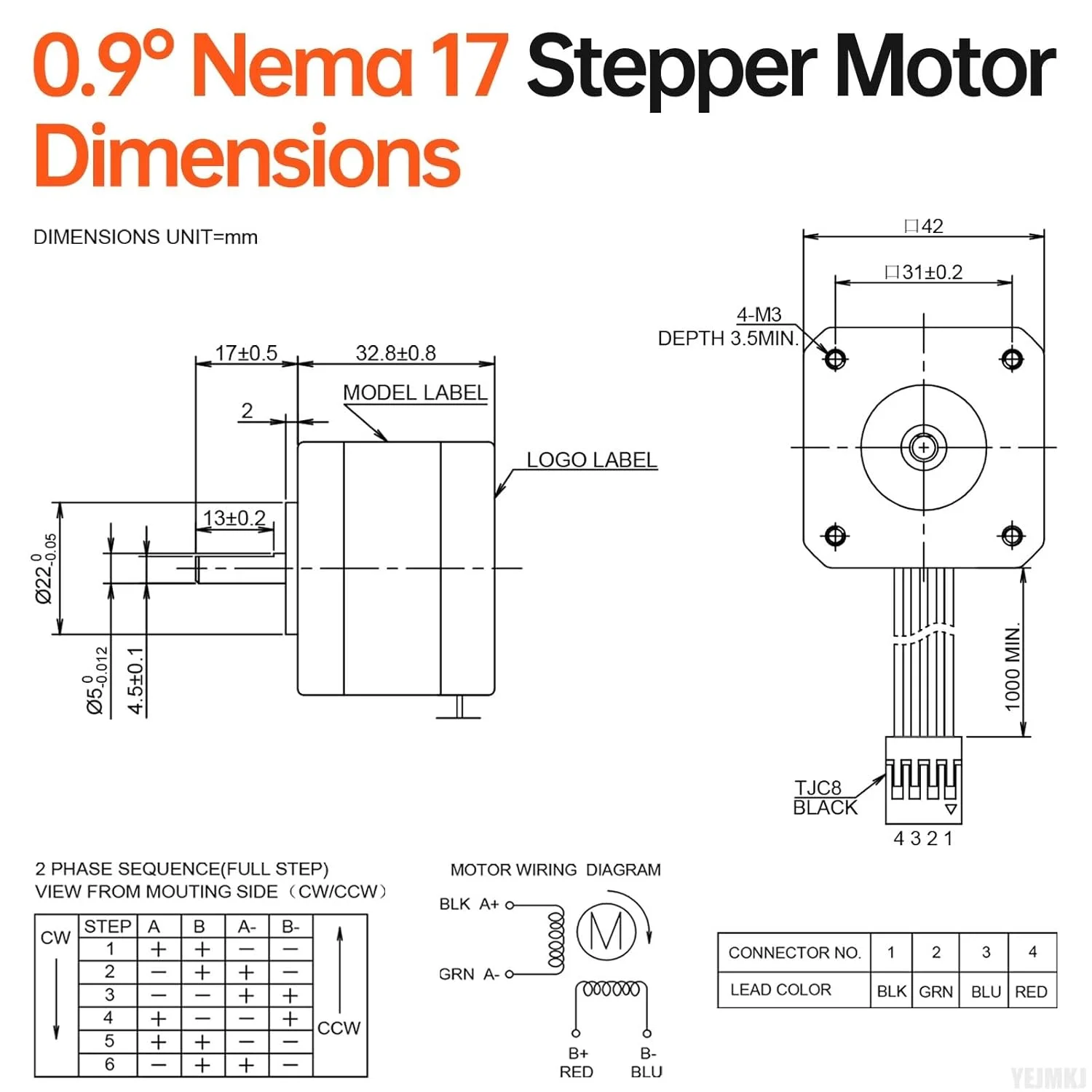 موتور پله ای 0.9 درجه Nema 17، 2 فاز، گشتاور بالا 0.16 نیوتن متر، دو قطبی 2.2Ω، 1.2 آمپر، بدنه 33 میلی متری، 4 سیم، شفت 17 میلی متری φ5 میلی متری، موتور پله ای 42 به همراه کابل 1 متری برای پرینتر سه بعدی، ربات DIY، دستگاه CNC
