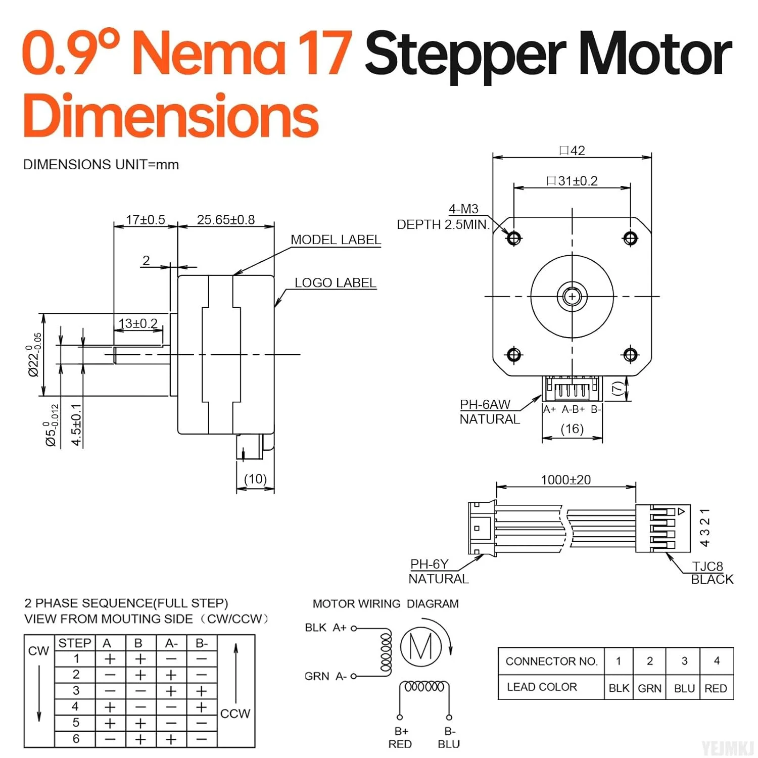 موتور پله ای 0.9 درجه Nema 17، دو فاز، گشتاور بالا 0.17 نیوتن متر، دو قطبی 3.6Ω 1.0A، بدنه 26 میلی متری، 4 سیم، شفت 17 میلی متری φ5mm، موتور پله ای 42 به همراه کابل 1 متری برای پرینتر سه بعدی، ربات DIY، دستگاه CNC