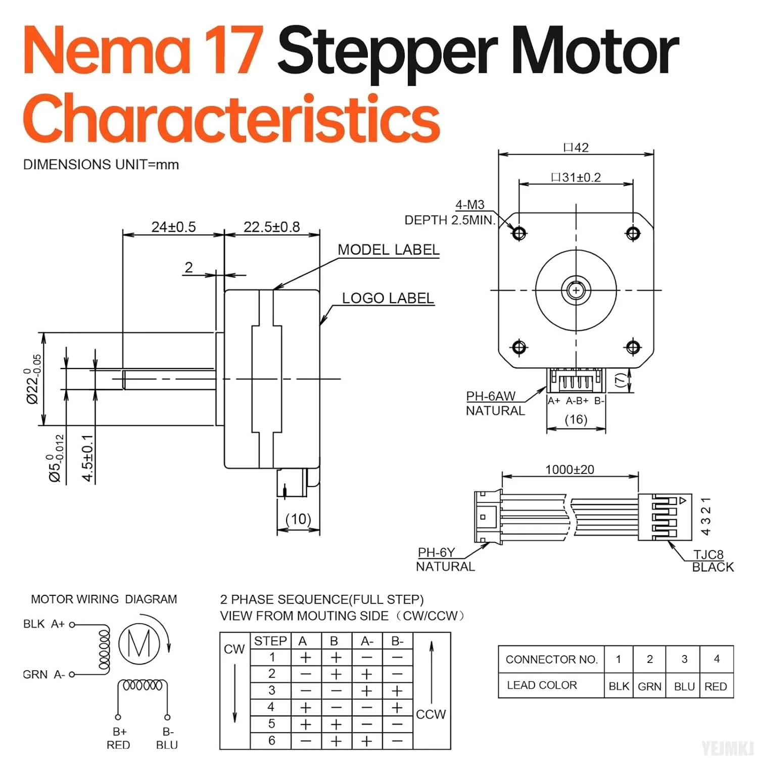 مجموعه 3 عددی موتور پله ای Nema 17، 2 فاز، 1.8 درجه، 0.16 نیوتن متر، گشتاور بالا، دو قطبی، 23 میلی متر، 0.8 آمپر، 3.7 اهم، 4 سیم، شفت 24 میلی متر، قطر 5 میلی متر، کابل 1 متری موتور پله ای 42 برای پرینتر سه بعدی، ربات DIY و دستگاه CNC