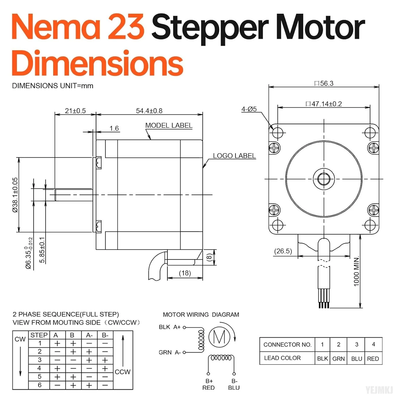 بسته 3 عددی موتور پله ای Nema 23، 1.8 درجه، 2 فاز، گشتاور بالا 1.3 نیوتن متر، دو قطبی 57x55 میلی متر، 4.2 آمپر، 0.5 اهم، 4 سیم، شفت 21 میلی متر φ6.35 میلی متر، کابل موتور پله ای 57 به طول 1 متر برای دستگاه CNC، تراش، پرینتر سه بعدی، ربات DIY