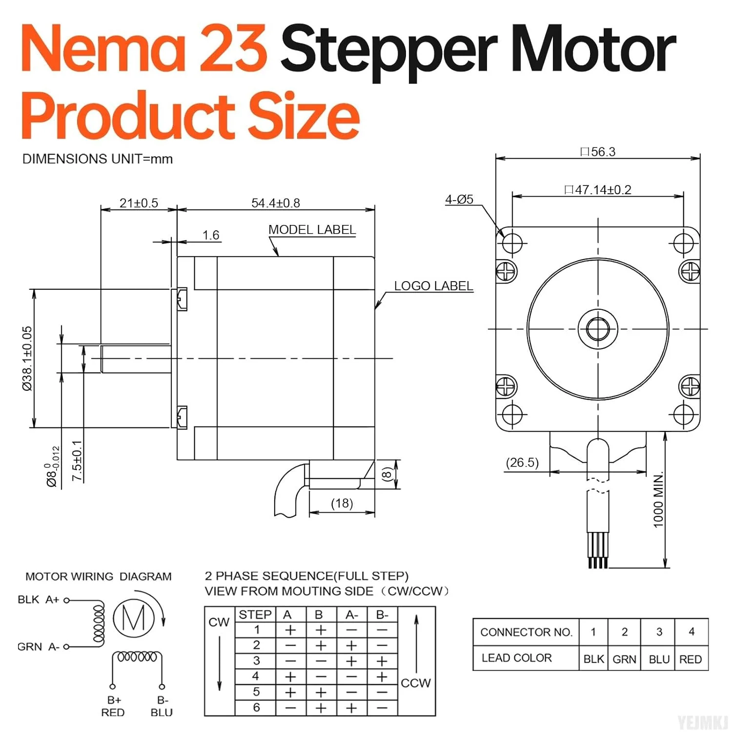 بسته 3 عددی موتور پله ای Nema 23، 2 فاز، 1.8 درجه، 1.3 نیوتن متر (184.1 اونس اینچ)، گشتاور بالا، دو قطبی 55 میلی متر، 0.5 اهم، 4.2 آمپر، 4 سیم، شفت 21 میلی متر φ8 میلی متر، کابل موتور پله ای 57 به طول 1 متر برای دستگاه فرز CNC، تراش، چاپگر سه بعدی، ربات DIY.