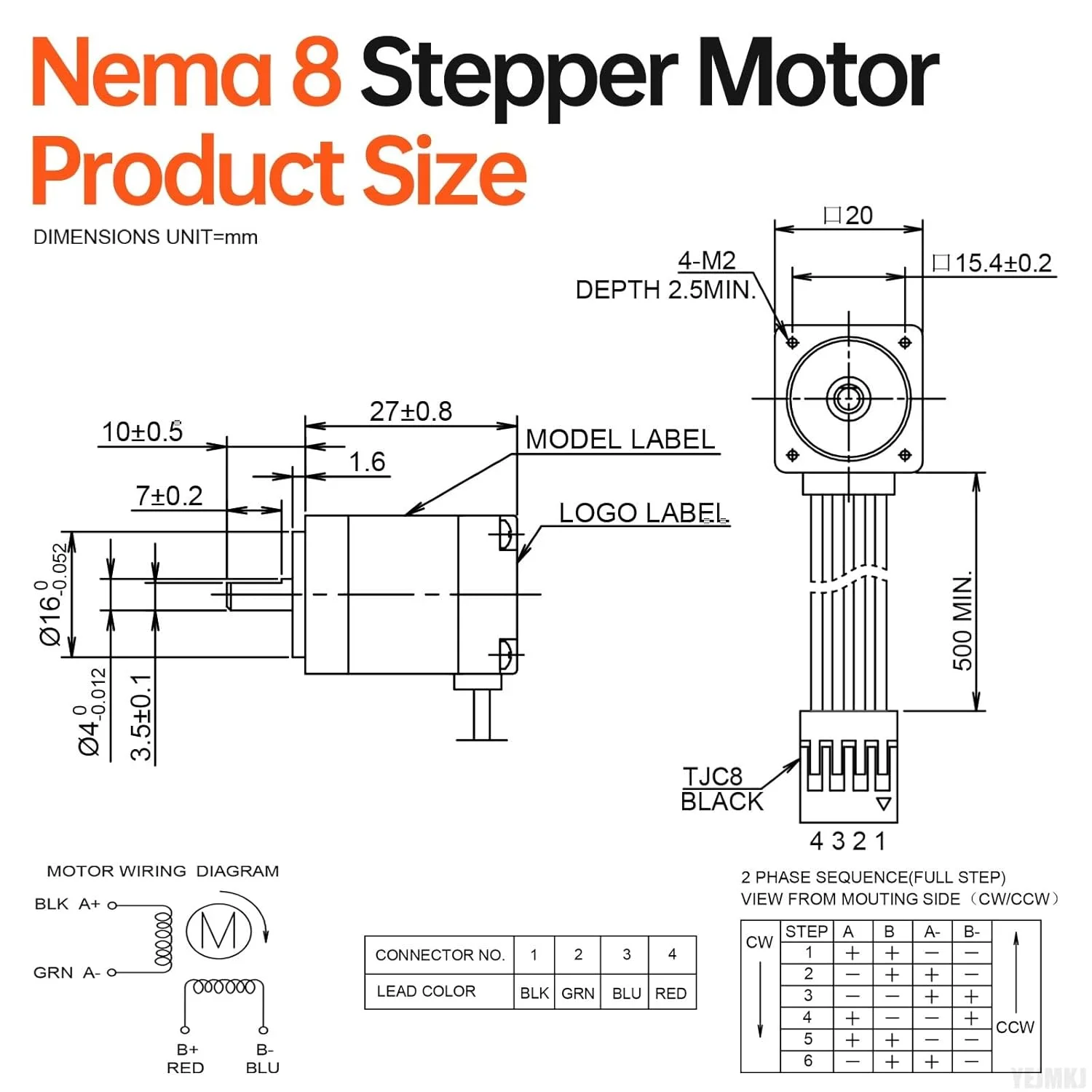 موتور پله‌ای Nema 8، 1.8 درجه، 2 فاز، گشتاور بالا 1.6Ncm (2.27oz·in)، دو قطبی 20x27mm، 0.4A، 13Ω، 4 سیم، شفت 10mm φ4mm، کوچکترین موتور پله‌ای 20، کابل 0.5 متری برای پرینتر سه بعدی، ربات DIY، دستگاه CNC